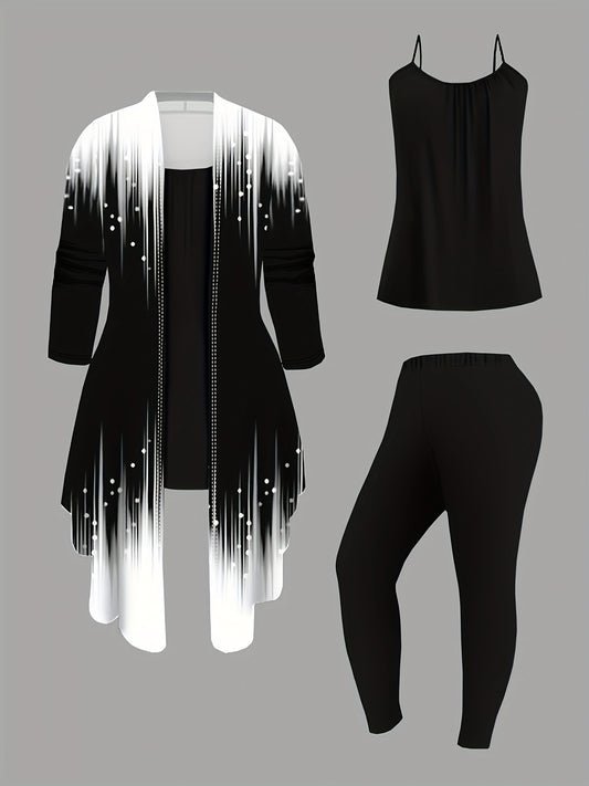 3pcs Women'S Casual Ombre Print Sweater Set - Black & White Gradient Cardigan, Sleeveless Top, and Leggings with Zipper Detail, Polyester Blend, Spring/Summer Fashion, Casual Wear|Ombre Print Top|Zipper Detail, Sweater Set