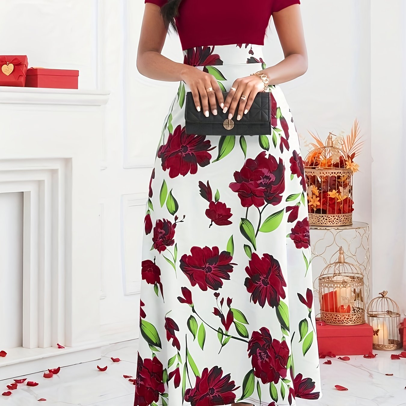 Elegant Women's Floral Print Maxi Dress - Short Sleeve Round Neck High-Waisted Black & Green Floral Pattern, Machine Washable Spring/Summer Formal Event Attire, Sophisticated Design, Floral Print Dress, Spring Summer Outfit,