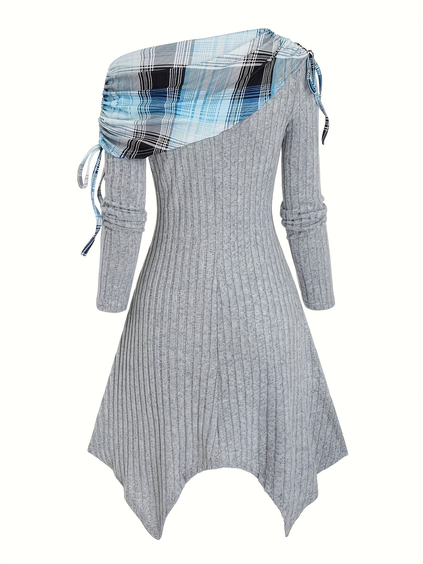 Women'S Oblique Collar Folded Tightened Plaid Stitching Hem Mid-length Long-sleeved Dress