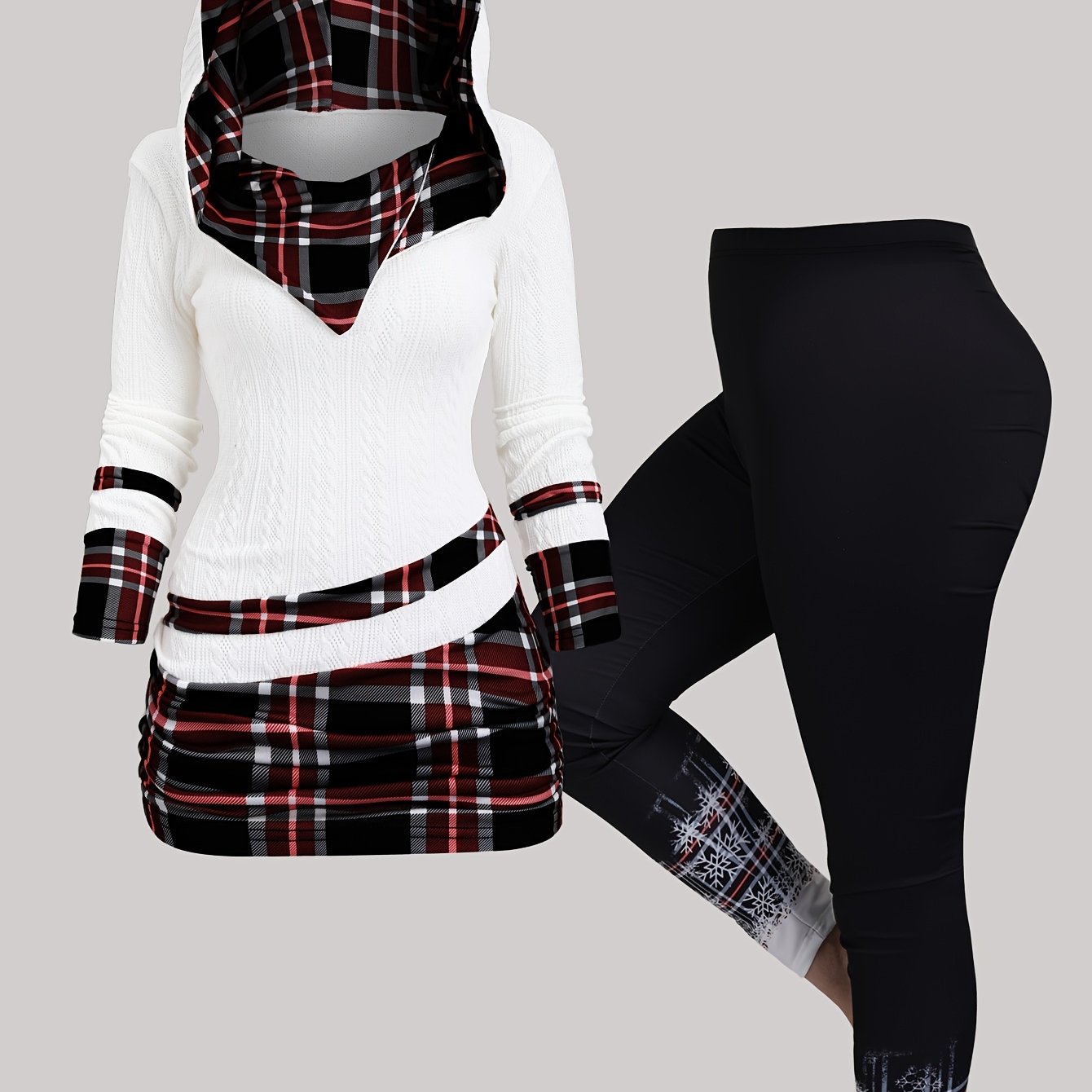 Plaid Texture Twill Patchwork Asymmetrical Collar Pleated Hooded Suit