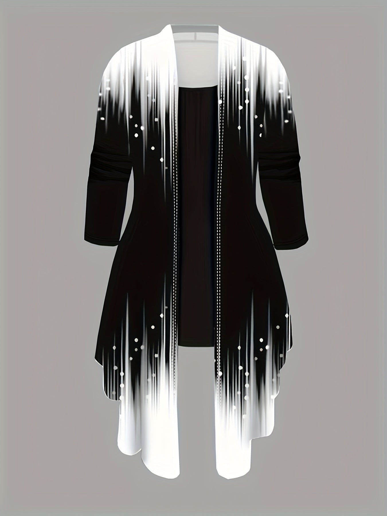 3pcs Women'S Casual Ombre Print Sweater Set - Black & White Gradient Cardigan, Sleeveless Top, and Leggings with Zipper Detail, Polyester Blend, Spring/Summer Fashion, Casual Wear|Ombre Print Top|Zipper Detail, Sweater Set