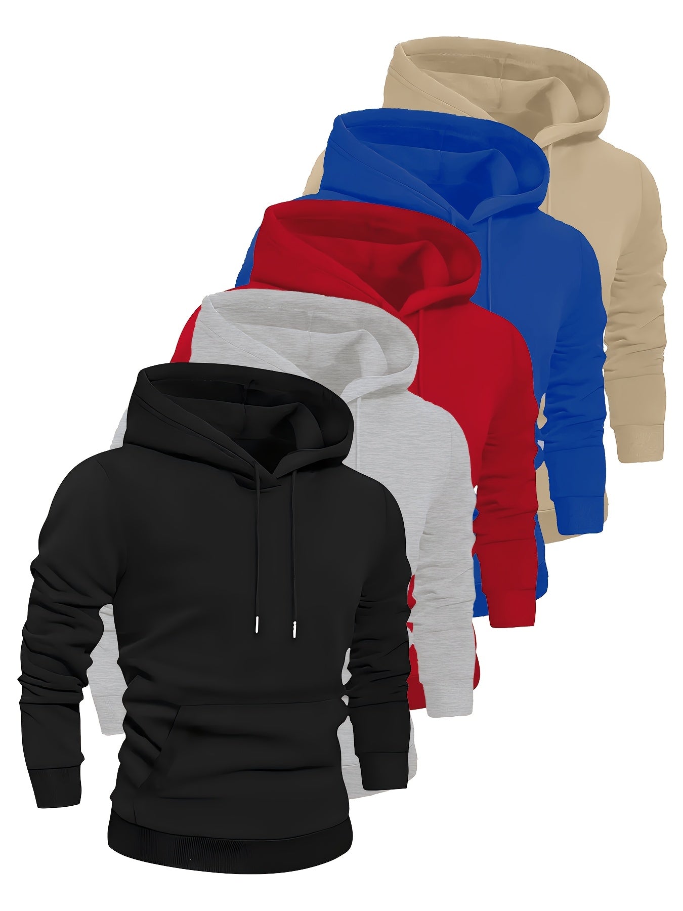 5pcs Men'S Heavyweight 250g Polyester Hoodies - Full-Zip Athletic Pullover with Geometric Print, Minimalist Design & Front Pocket, All-Season Layering Essentials in Black & Multi-Colors (Beige, Blue, Red, White, Navy) | Machi