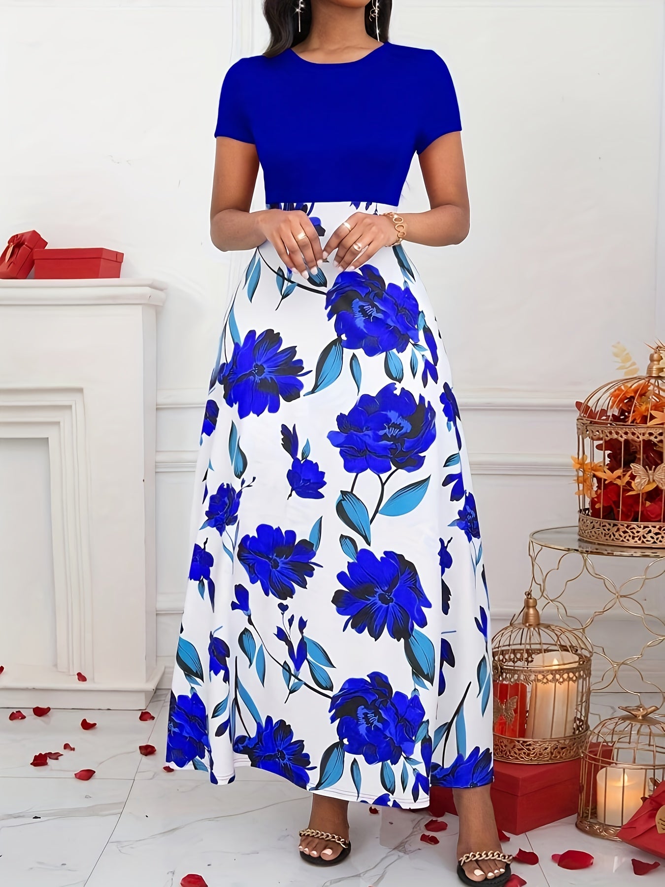 Elegant Women's Floral Print Maxi Dress - Short Sleeve Round Neck High-Waisted Black & Green Floral Pattern, Machine Washable Spring/Summer Formal Event Attire, Sophisticated Design, Floral Print Dress, Spring Summer Outfit,