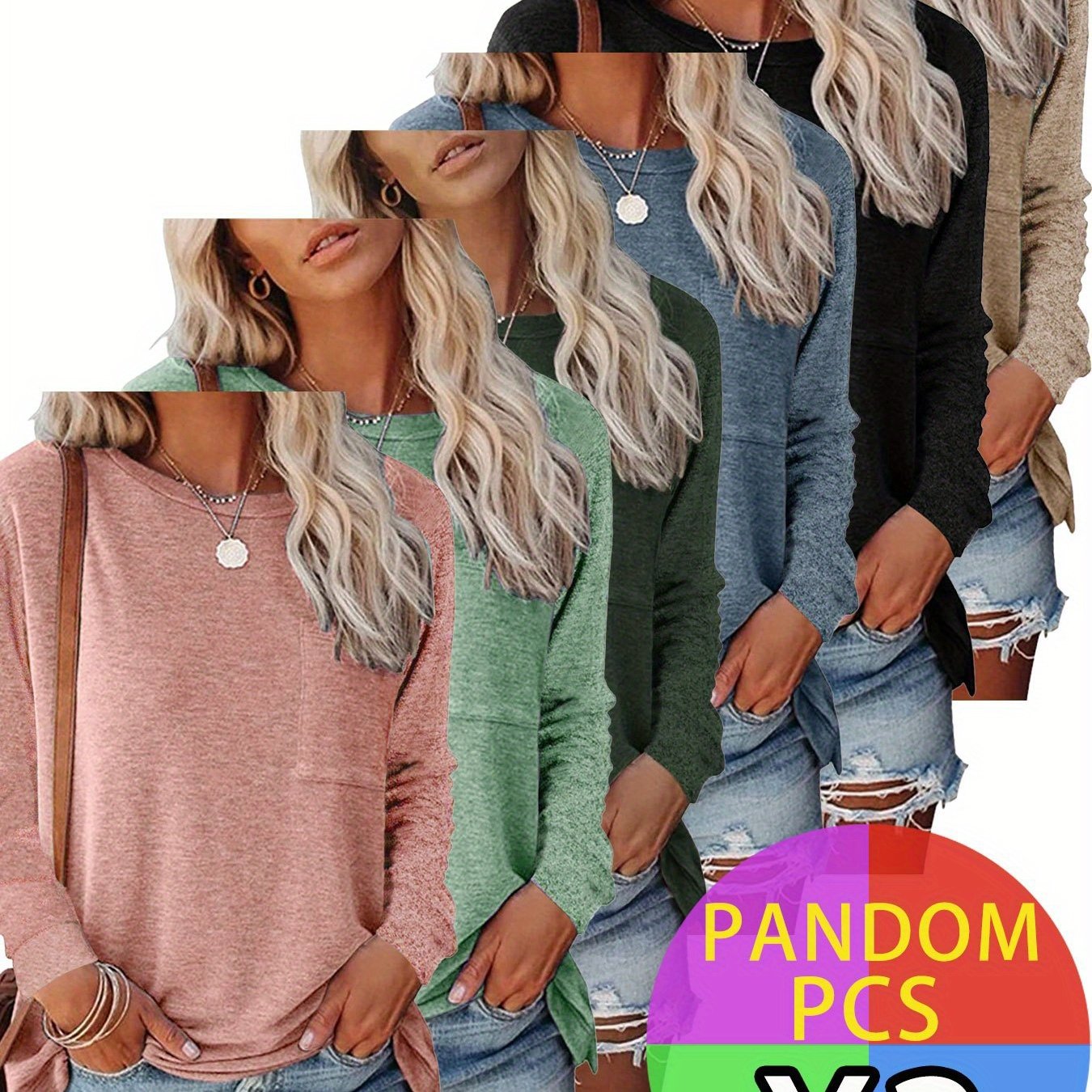 3pcs Women'S Soft Long Sleeve T-Shirts with Chest Pocket & Hem Slit - Tightened Cuffs, Round Neck, 3 Random Colors (Green/Navy) - Versatile Casual & Semi-Formal Tops for Commuting, Office & Casual Attire - Breathable Comforta