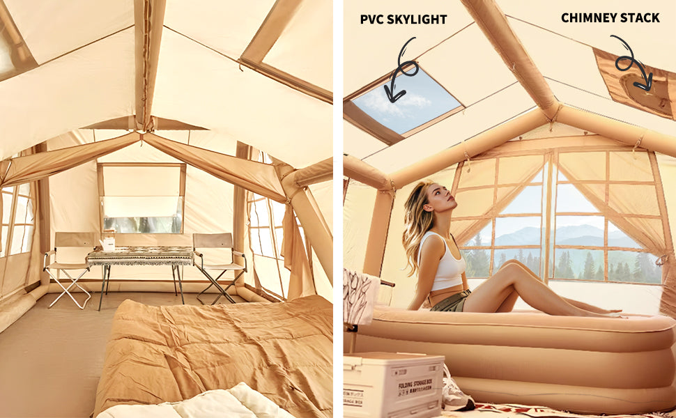 Large Inflatable Tent 135 SQFT for 8 to 10 Person Four Season Waterproof Quick Setup Cabin Tent with Reflective Mylar 600D Oxford Material