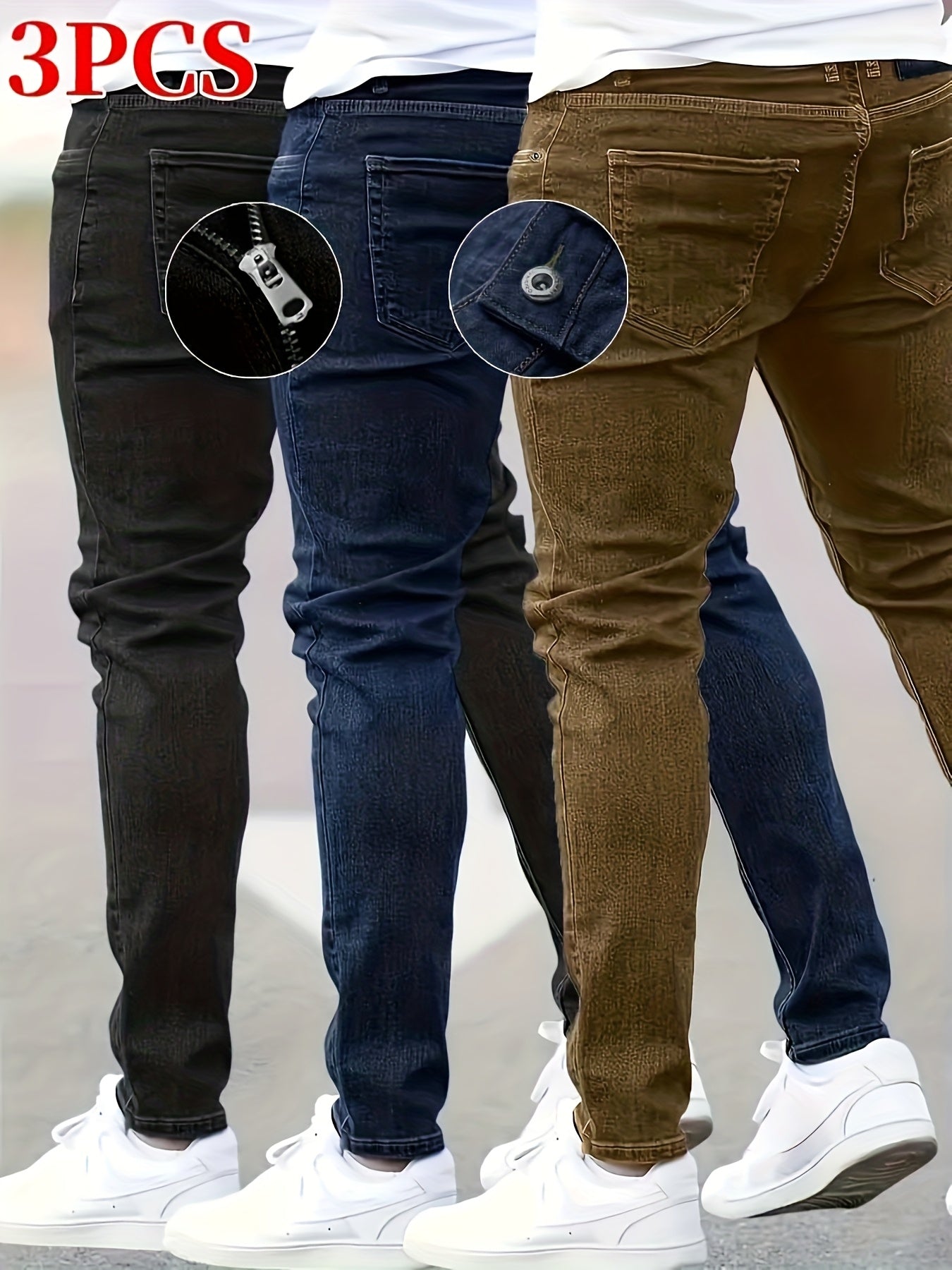 3 Packs - Cost-effective Men's Jeans - Street Style Trendy Slim Fit Men's Jeans - Wearable In All Seasons, Casual Wear Bottoms, Daily Outfit Essential, Regular Length Jeans, Solid Color Jeans, Street Style Enthusiasts, Budget