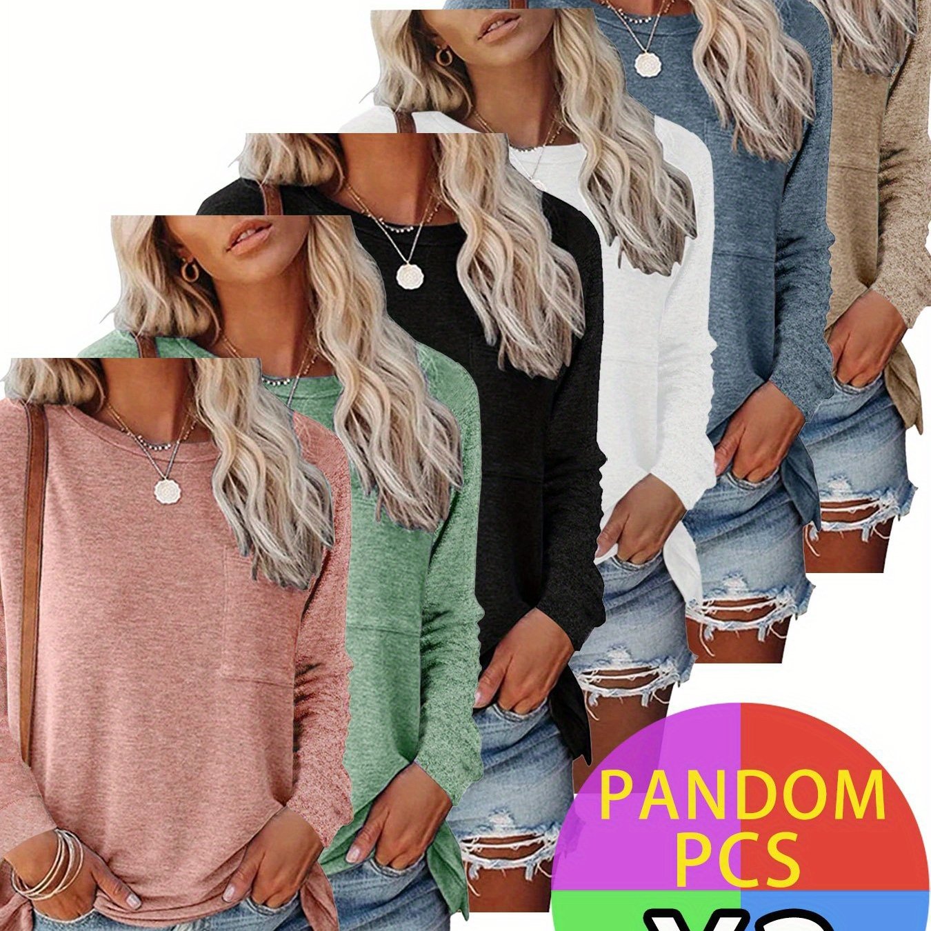 3pcs Women'S Soft Long Sleeve T-Shirts with Chest Pocket & Hem Slit - Tightened Cuffs, Round Neck, 3 Random Colors (Green/Navy) - Versatile Casual & Semi-Formal Tops for Commuting, Office & Casual Attire - Breathable Comforta