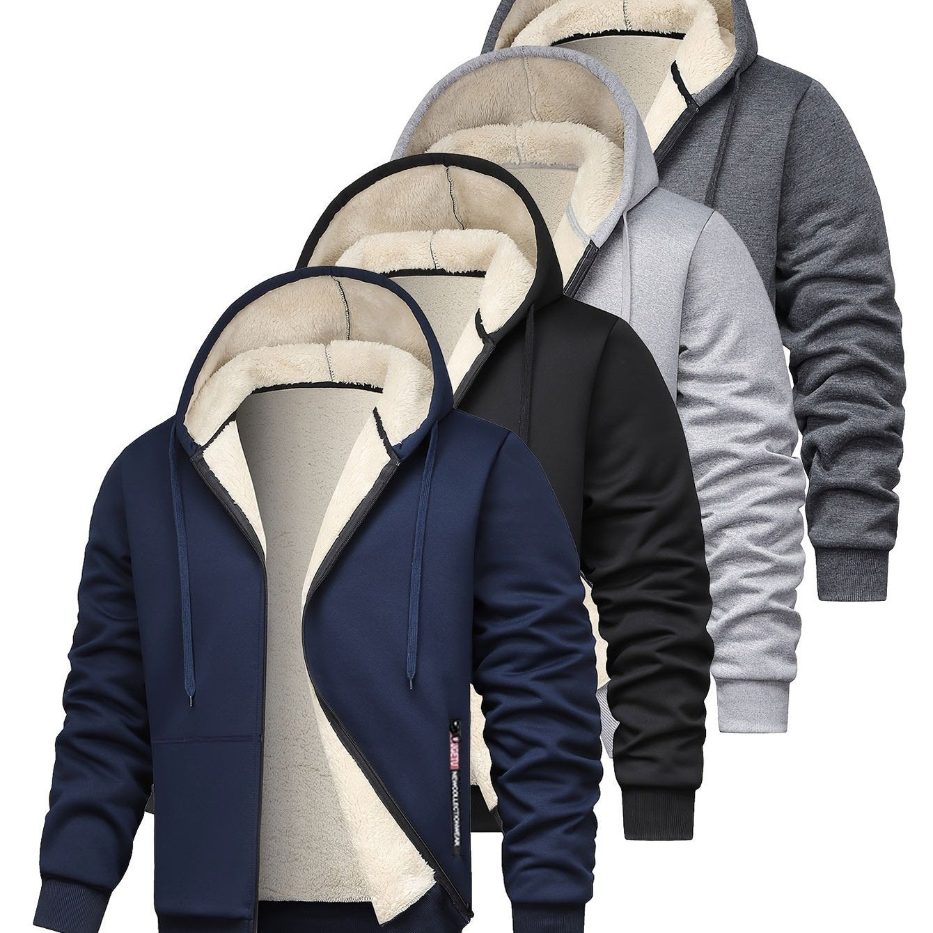 Men's solid color fleece hooded sweatshirt with thick warm fleece lining for winter, loose casual sports jacket in black, light gray, dark gray, and navy blue