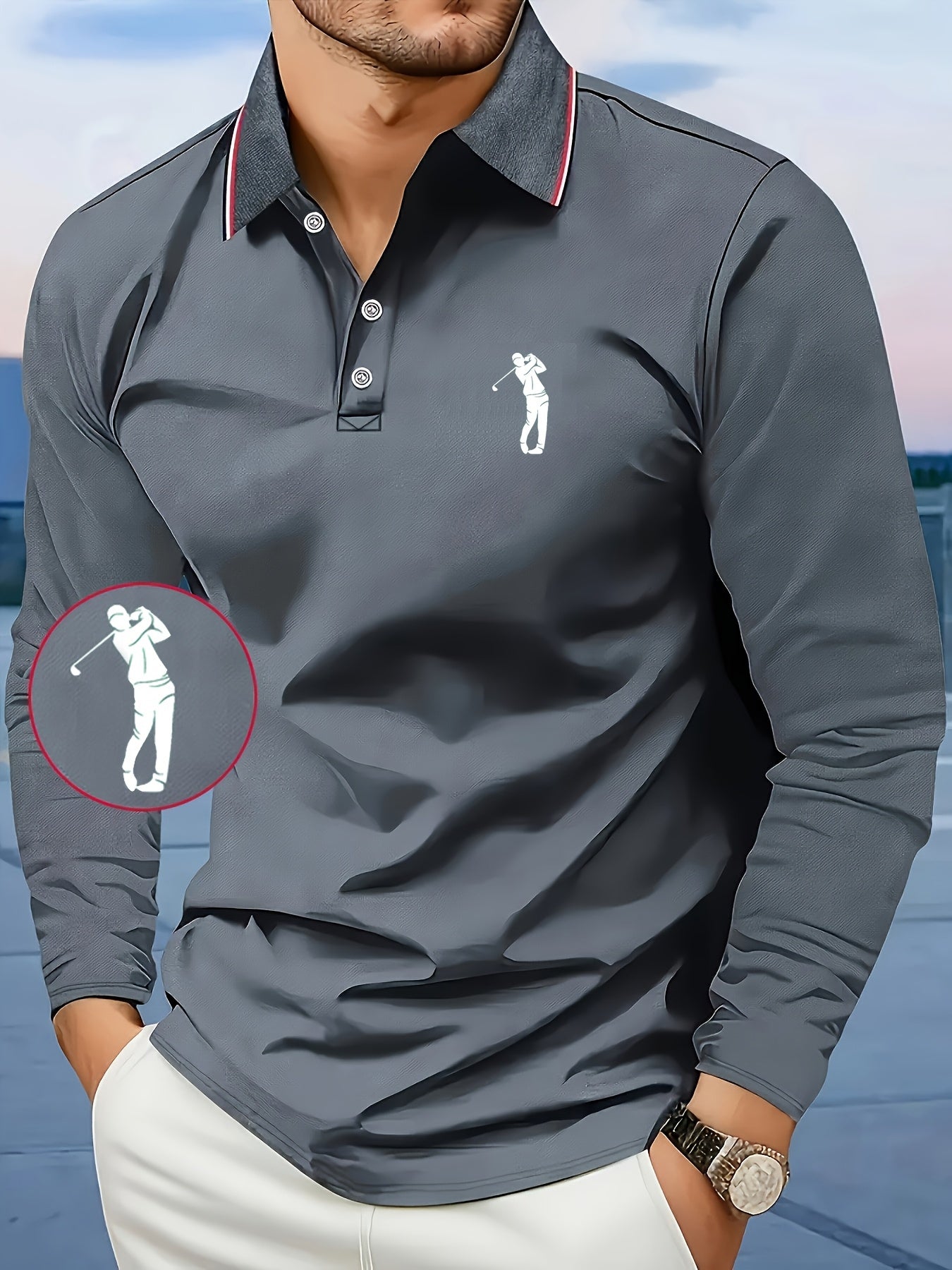 Men's -Inspired Long Sleeve Dress Shirt - Bright Blue with White Player Print & Red/White Striped Collar, Breathable Slim Fit, Machine Washable, All-Season Casual & Semi-Formal Wear with Swing Button Placket - Ideal for Outin