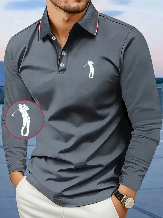 Men's -Inspired Long Sleeve Dress Shirt - Bright Blue with White Player Print & Red/White Striped Collar, Breathable Slim Fit, Machine Washable, All-Season Casual & Semi-Formal Wear with Swing Button Placket - Ideal for Outin