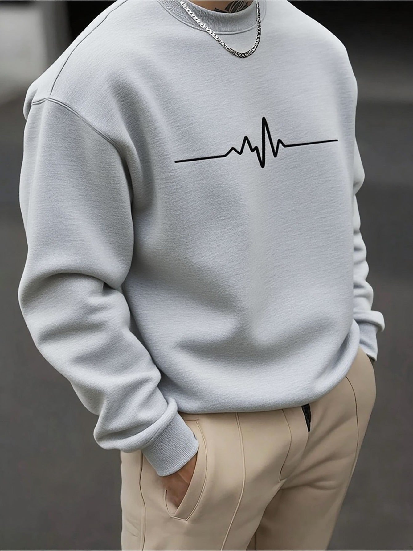 Men's Crewneck Sweatshirt - Dark Charcoal Gray with Heartbeat Graphic, Stretchy Long Sleeve Pullover for Everyday & Formal Wear, Machine Washable Winter Sweater for Cool Weather Layering, Cute Sweatshirts