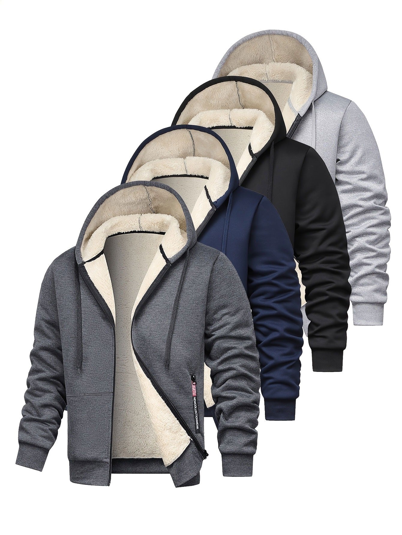 Men's solid color fleece hooded sweatshirt with thick warm fleece lining for winter, loose casual sports jacket in black, light gray, dark gray, and navy blue