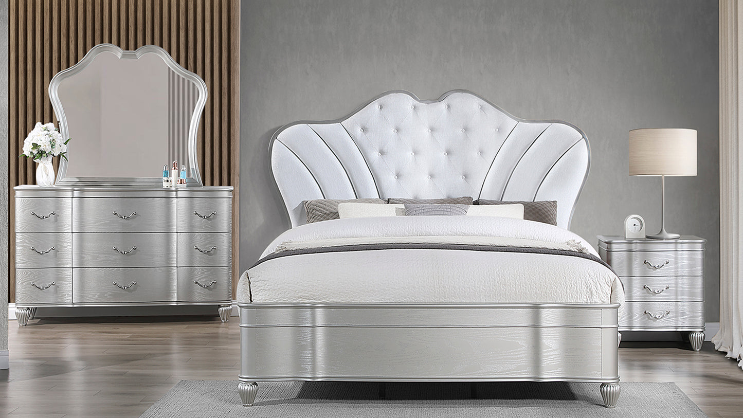 Double Bed with Luxurious Dressing Table Pearl Headboard Black Metal Bracket 4-Piece Bedroom Set