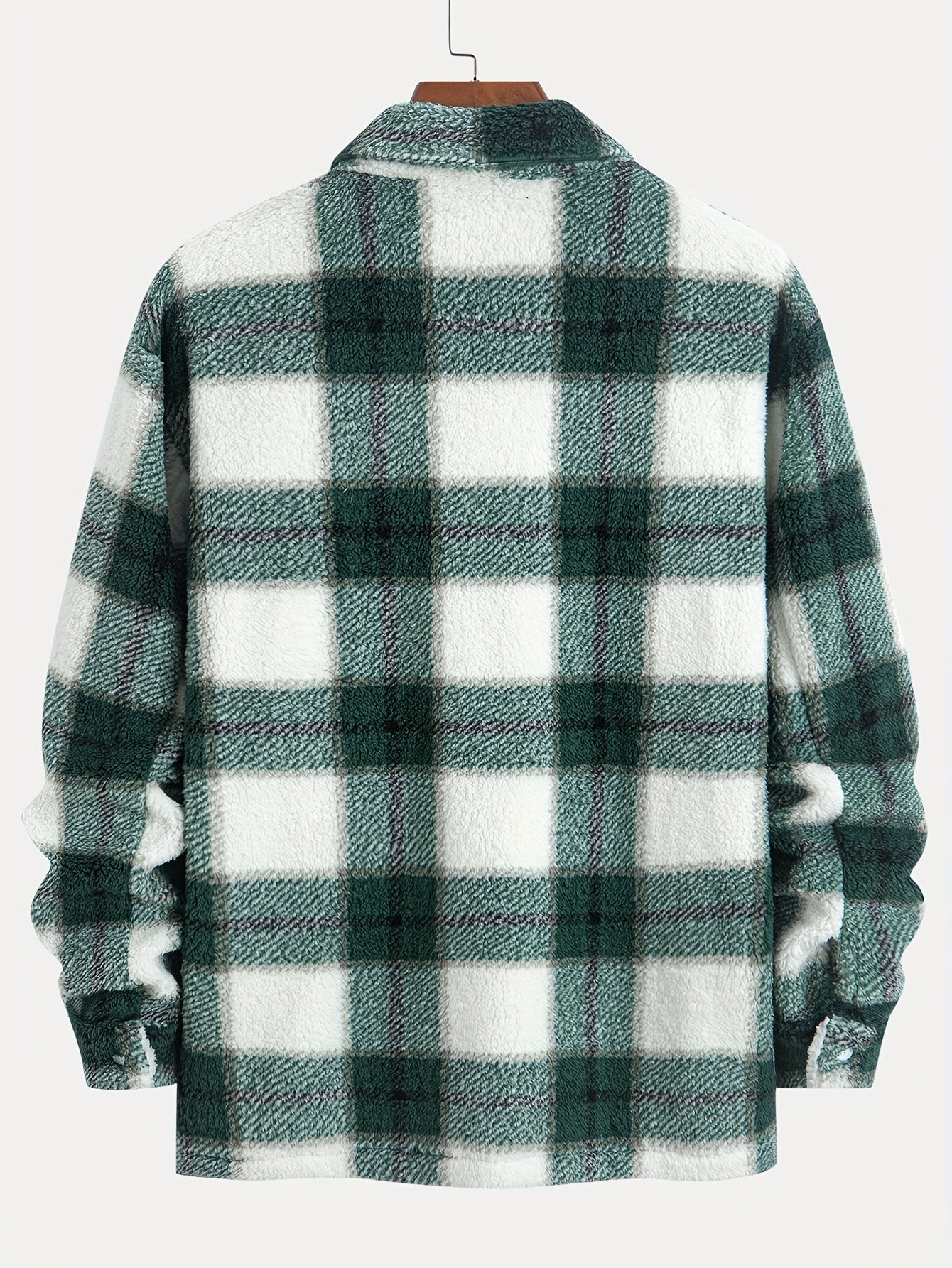 1pc Men's Plush Fleece Jacket with Green/White/Black Plaid Pattern - Double-Sided Collar & Lapel, Button-Front Closure, Regular Fit Long Sleeve Coat for Autumn/Winter, Casual & Semi-Formal Wear (Hand Washable)