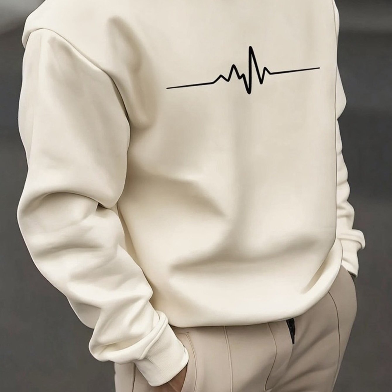 Men's Crewneck Sweatshirt - Dark Charcoal Gray with Heartbeat Graphic, Stretchy Long Sleeve Pullover for Everyday & Formal Wear, Machine Washable Winter Sweater for Cool Weather Layering, Cute Sweatshirts