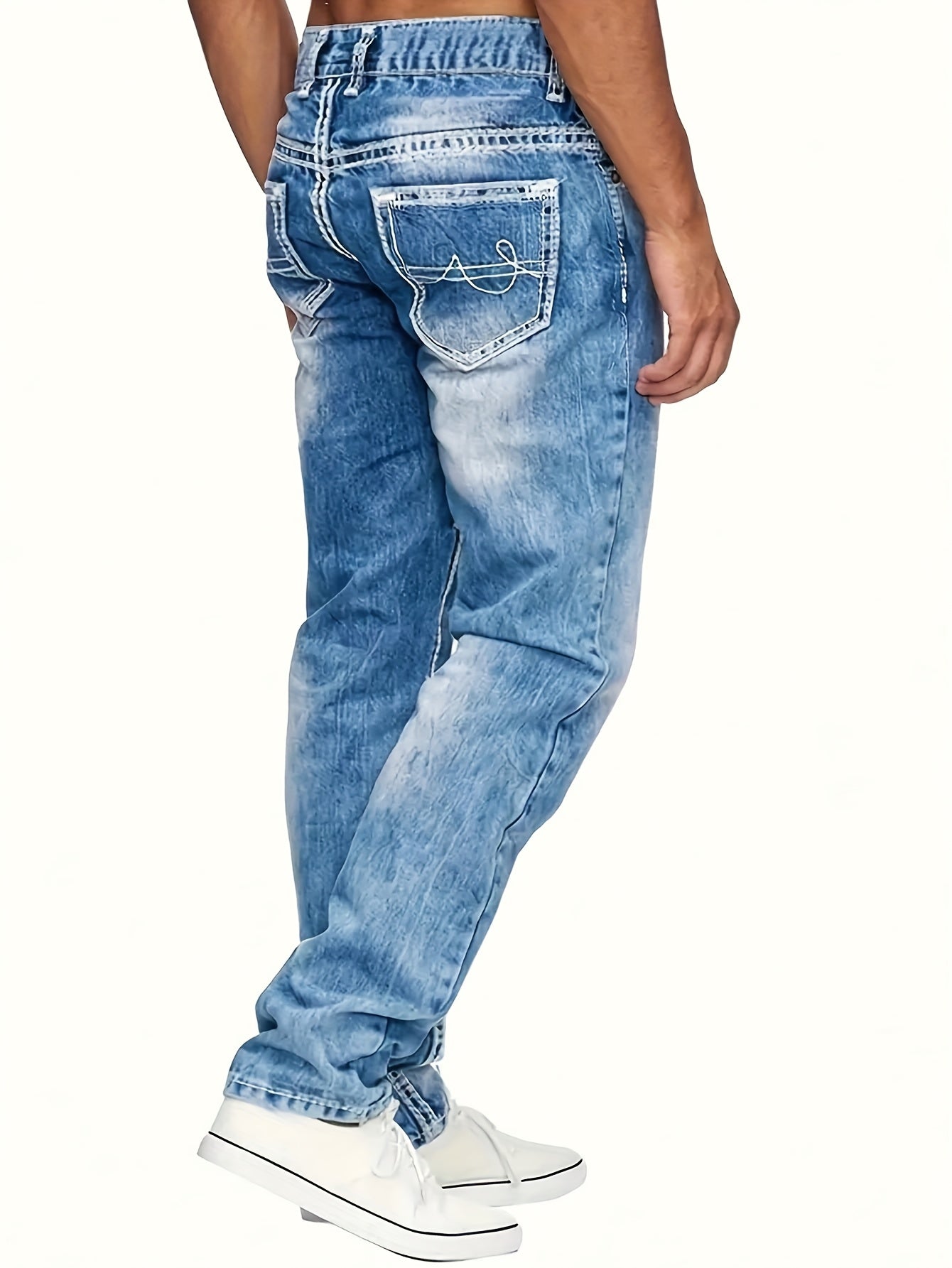 HME Men'S Stretch Slim-Fit Faux Denim - Y2K Style Light Wash Blue Distressed Look, Straight Leg Relaxed Office & Everyday Faux Denim with Built-In Zipper Closure, All-Season Comfort Stretch Fabric, Casual to Semi-Formal Wear,