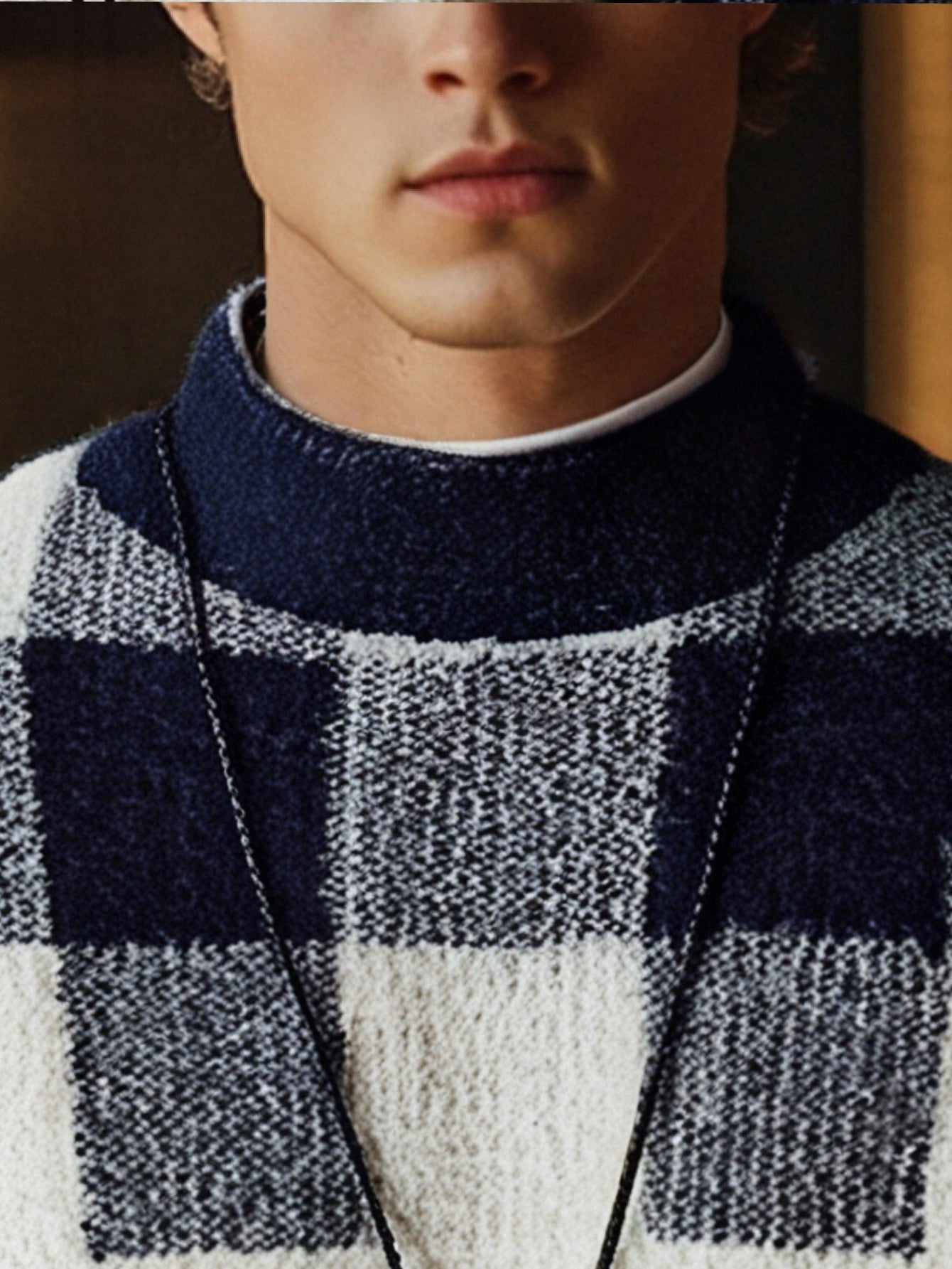 Men's Slim Fit Winter Warm Plaid Sweater - Thick Knit Round Neck Long Sleeve, Black White Gray Brown Beige Checkered Pattern, Casual to Formal Outfits, Durable Cozy Sweater for Men, Trendy Layering Piece with Color-Blocked De