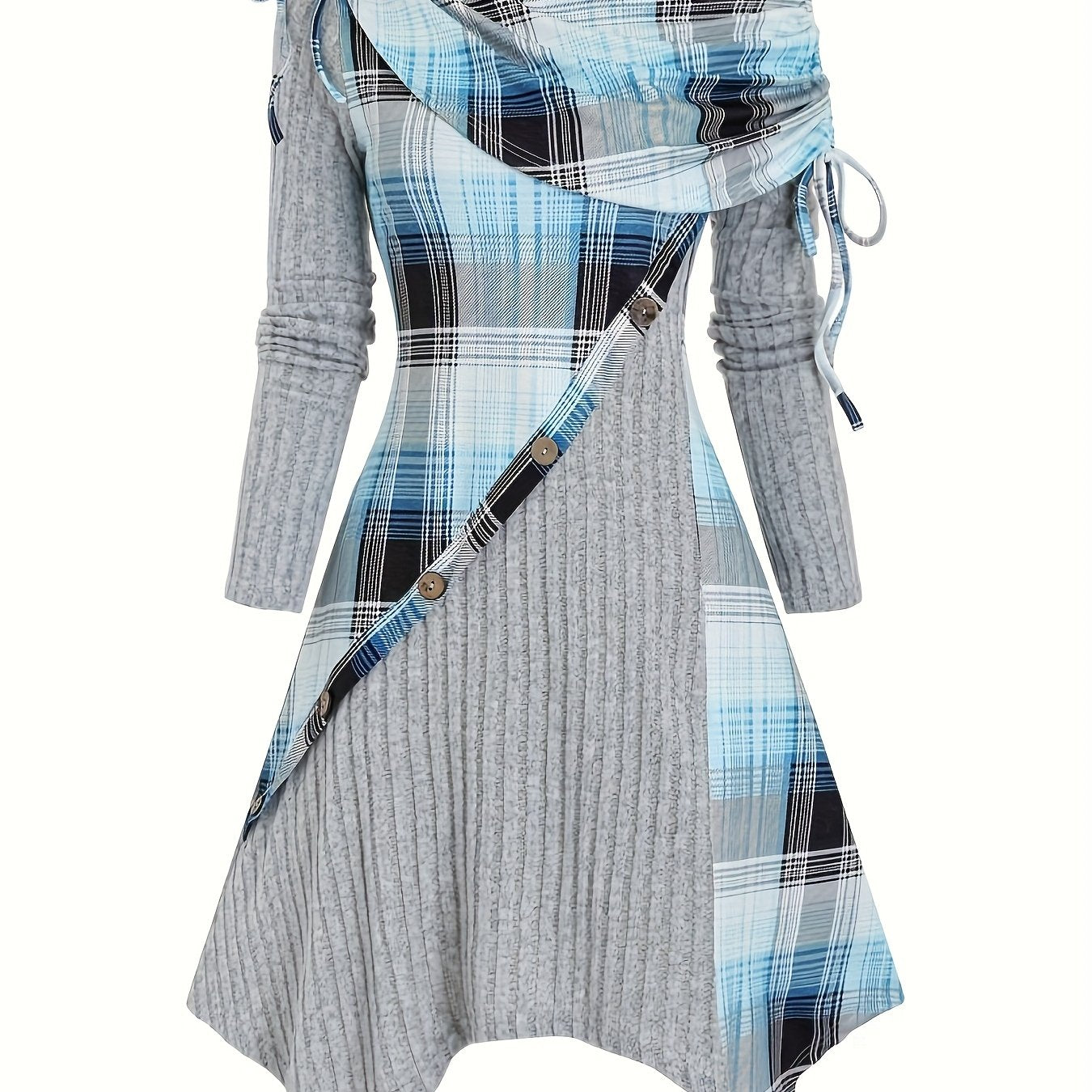 Women'S Oblique Collar Folded Tightened Plaid Stitching Hem Mid-length Long-sleeved Dress