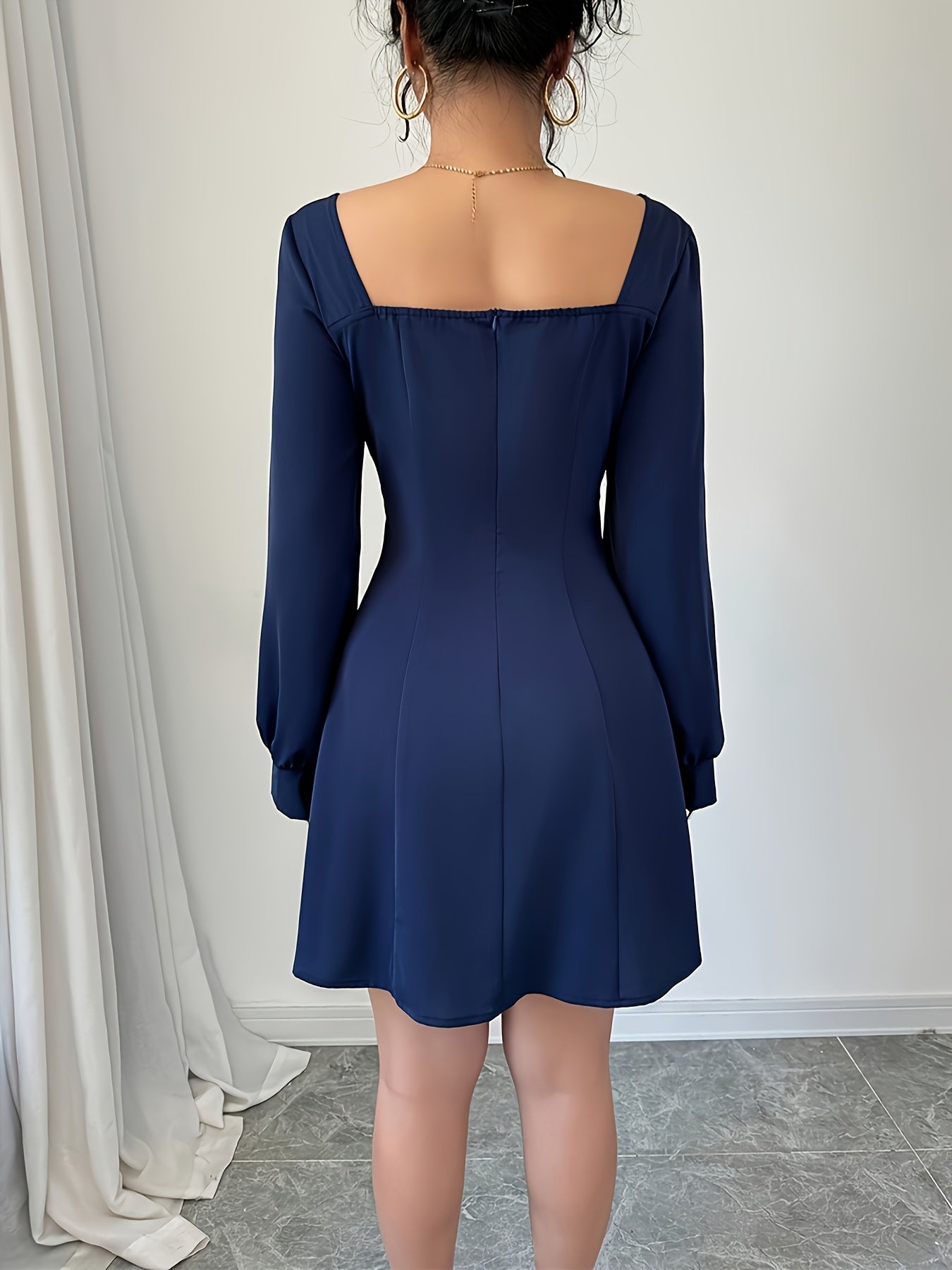Women'S Elegant Navy Blue Formal & casual dress - Long Sleeve A-Line mini with Square Neck, Cinched Waist, Flared skirt, Zipper Back Closure - Party, Office, Everyday Outfits - Fall/Winter Women'S Clothing, Party Attire, Soph