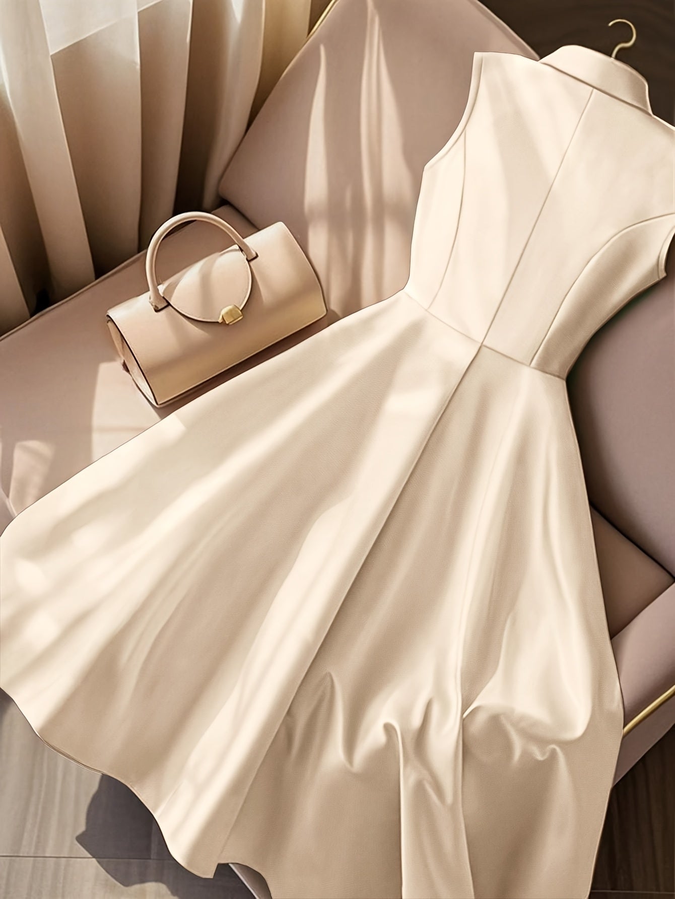 Women's Elegant Slim Fit Sleeveless V-Neckdress - Button-Up Front, Non-Stretchy Formal & Casual Outfit for Office, Party, Vacation - Machine Washable Women's Clothing, Party Attire, Timeless Fashion Piece, Smooth Fabric Finis