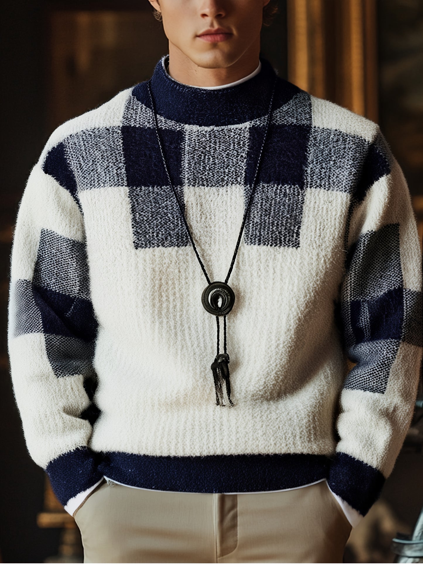 Men's Slim Fit Winter Warm Plaid Sweater - Thick Knit Round Neck Long Sleeve, Black White Gray Brown Beige Checkered Pattern, Casual to Formal Outfits, Durable Cozy Sweater for Men, Trendy Layering Piece with Color-Blocked De