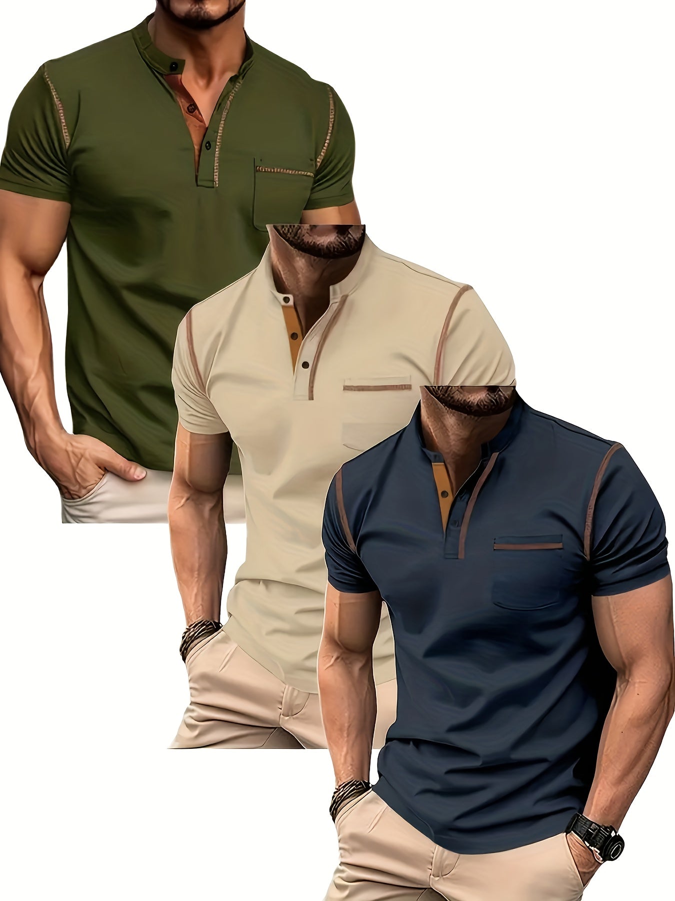 3pcs Men's Slim-Fit Golf & Tennis Shirts Breathable Stretchy Short Sleeve Contrast Collar All-Season Non-Sheer Sportswear Set