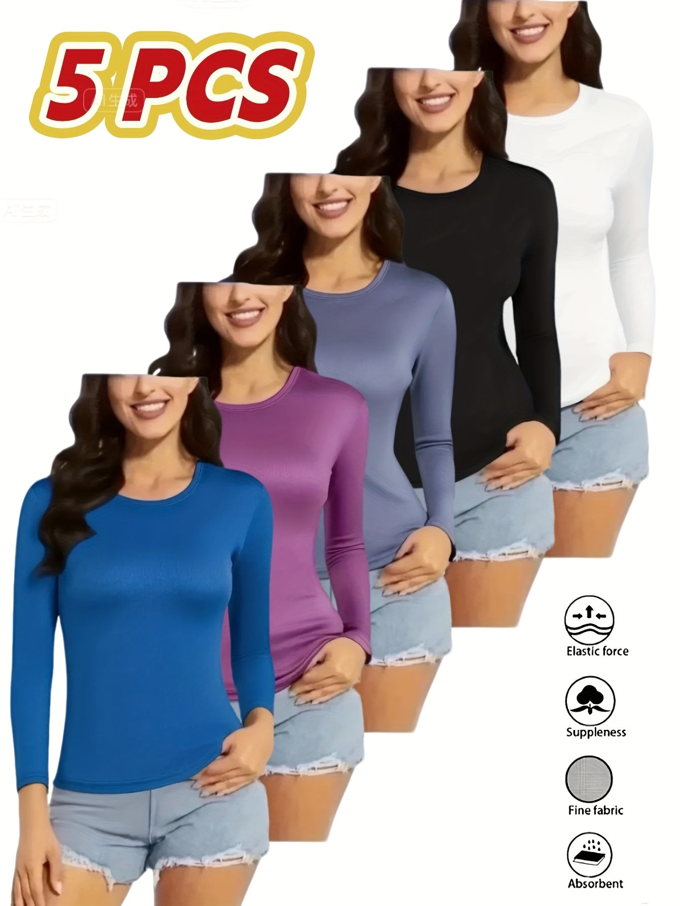 5pcs Women'S Long Sleeve T-Shirts - 100%, V-Neck, Medium Stretch, Moisture-Wicking & Breathable, Five Color Options For, Outdoor - Fall/Winter Collection, Shirts, Wear, Solid Color Top, Breathable Fabric