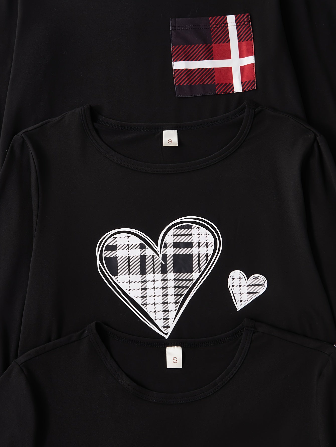 A New Six-Piece Casual Set for Women Featuring Heart-Shaped Printed Pockets, Long-Sleeve And Short-Sleeve Tops, Checkered Trousers, And Pajama Ensembles