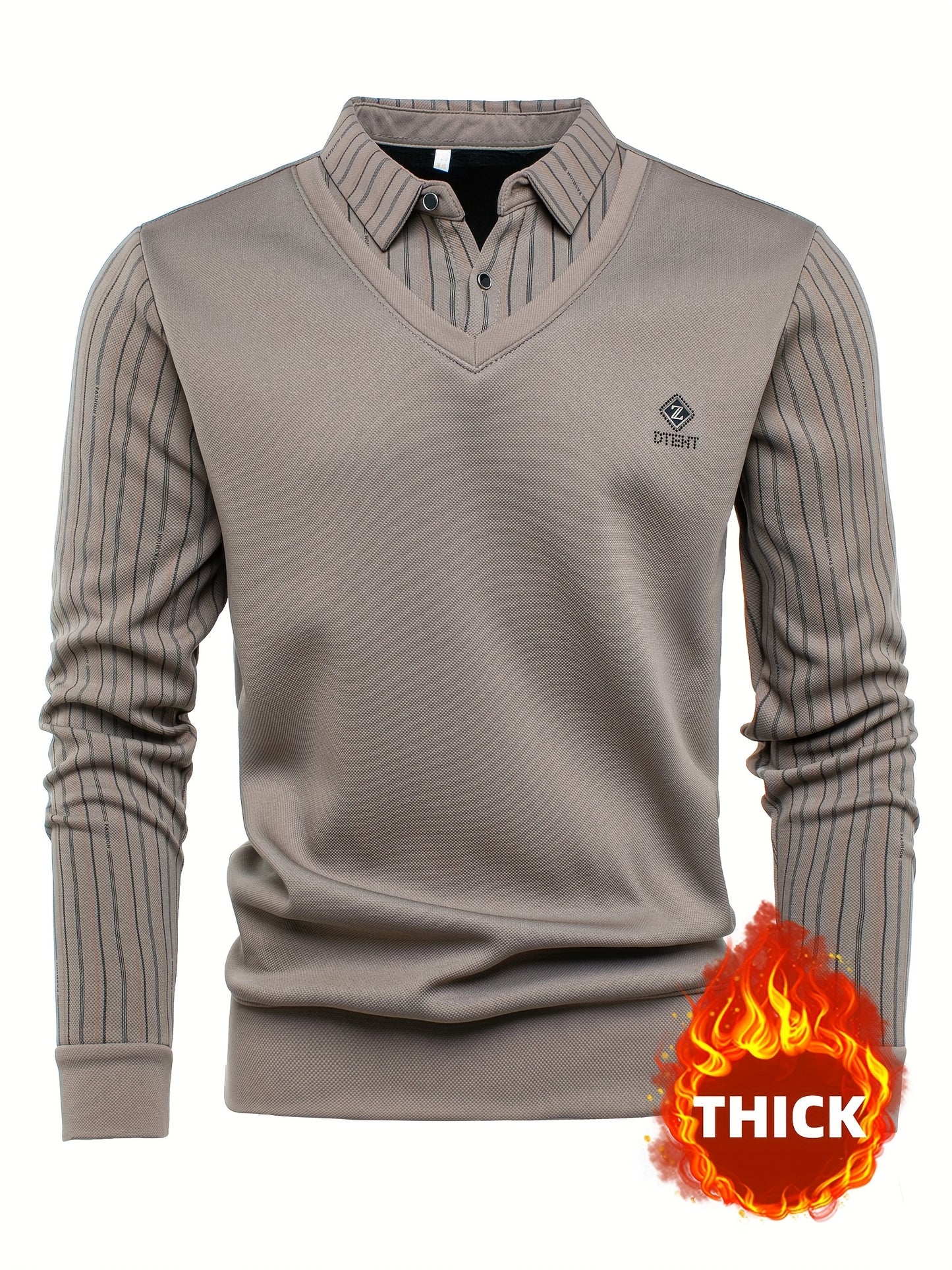 New Autumn And Winter Plush Men'S Long-Sleeved Fake Two-Piece Vest Design, Diamond-Shaped Decorative Stickers on The Chest, Pinstripe Lining, Soft And Warm for Daily Travel, Casual And Versatile, Light Business Fashion Lapel