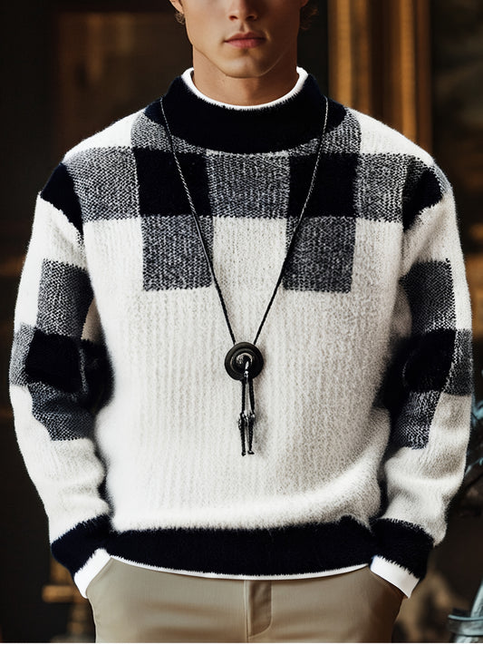 Men's Slim Fit Winter Warm Plaid Sweater - Thick Knit Round Neck Long Sleeve, Black White Gray Brown Beige Checkered Pattern, Casual to Formal Outfits, Durable Cozy Sweater for Men, Trendy Layering Piece with Color-Blocked De