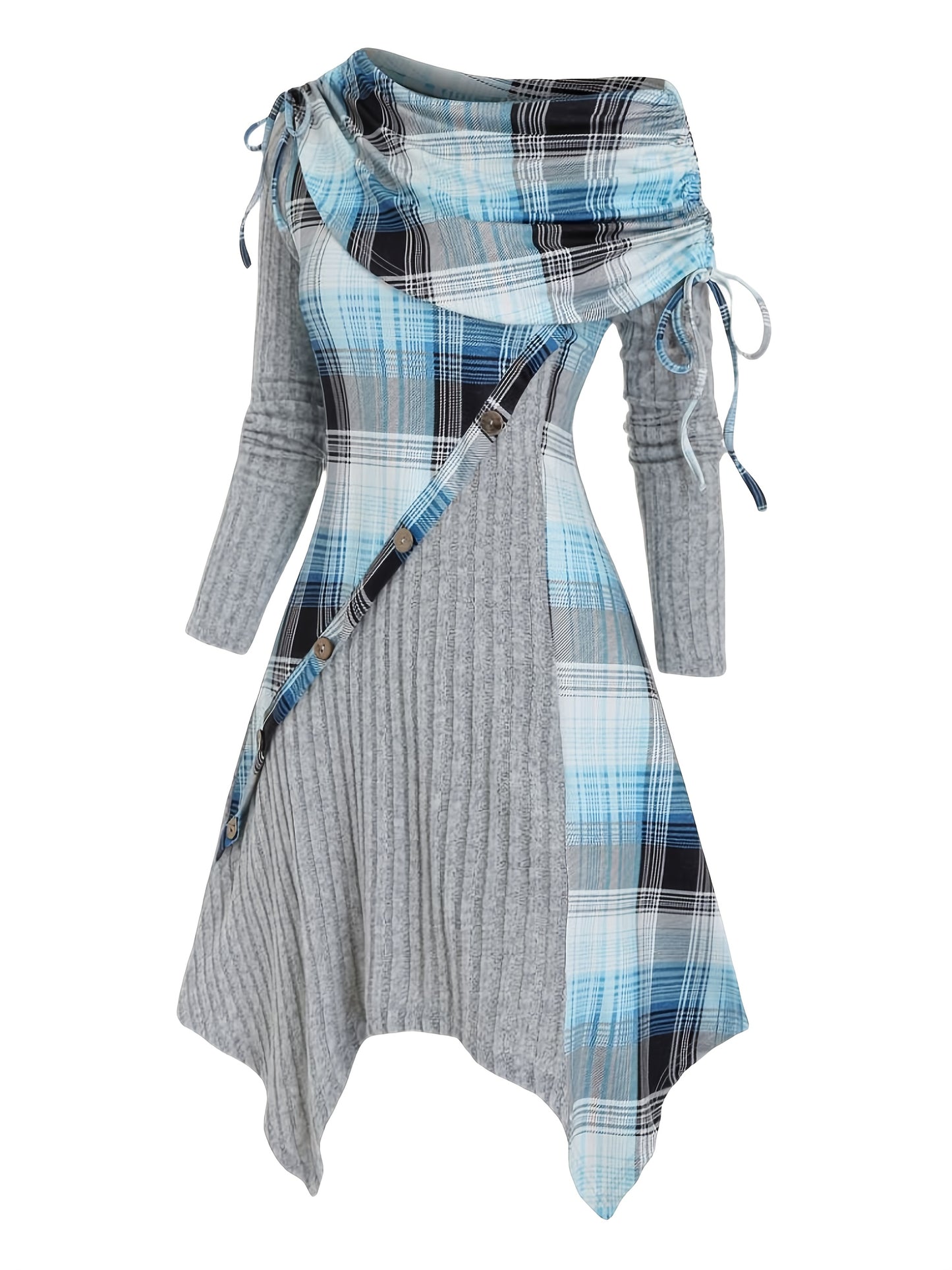 Women'S Oblique Collar Folded Tightened Plaid Stitching Hem Mid-length Long-sleeved Dress