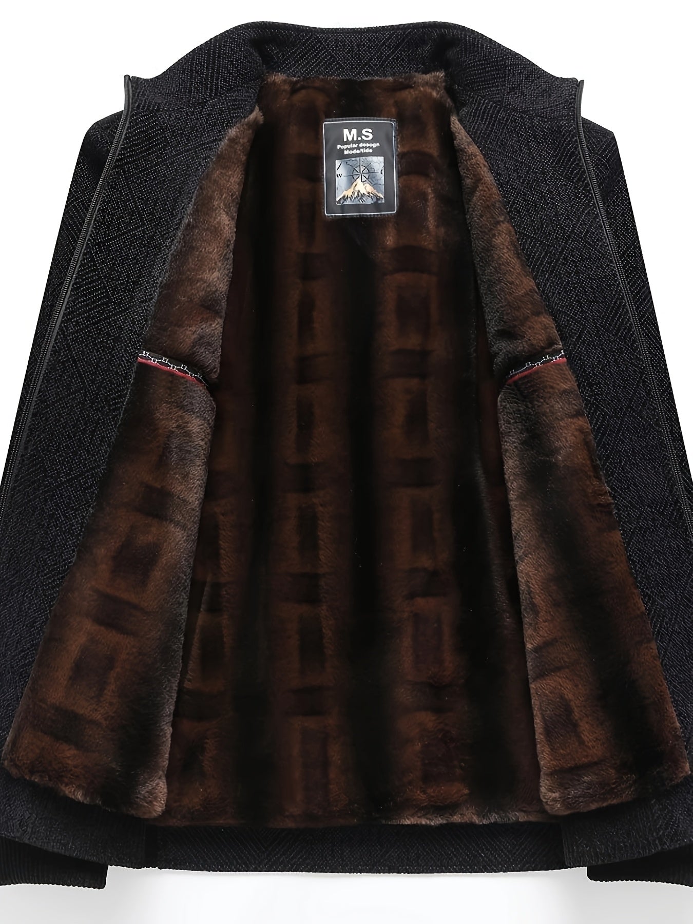 [OBM Winter Coat for Mature Men] Lisen Men's Winter Luxury Plush Jacket - Full-Zip Stand Collar Coat, Black/Brown/Beige Interior, Golden-Tone Logo, Hand Washable Soft Outerwear for Cold Weather & Formal/Casual