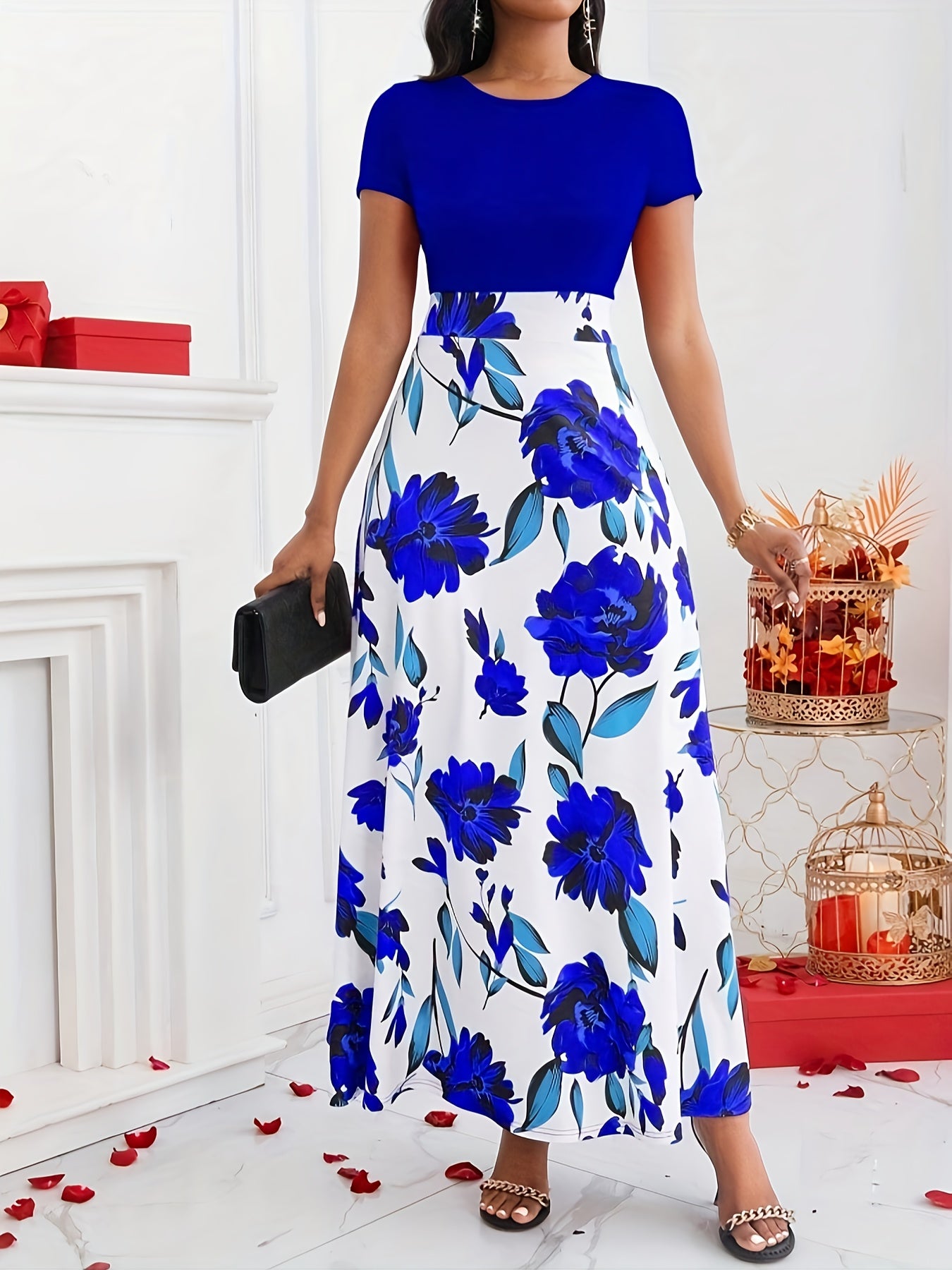 Elegant Women's Floral Print Maxi Dress - Short Sleeve Round Neck High-Waisted Black & Green Floral Pattern, Machine Washable Spring/Summer Formal Event Attire, Sophisticated Design, Floral Print Dress, Spring Summer Outfit,