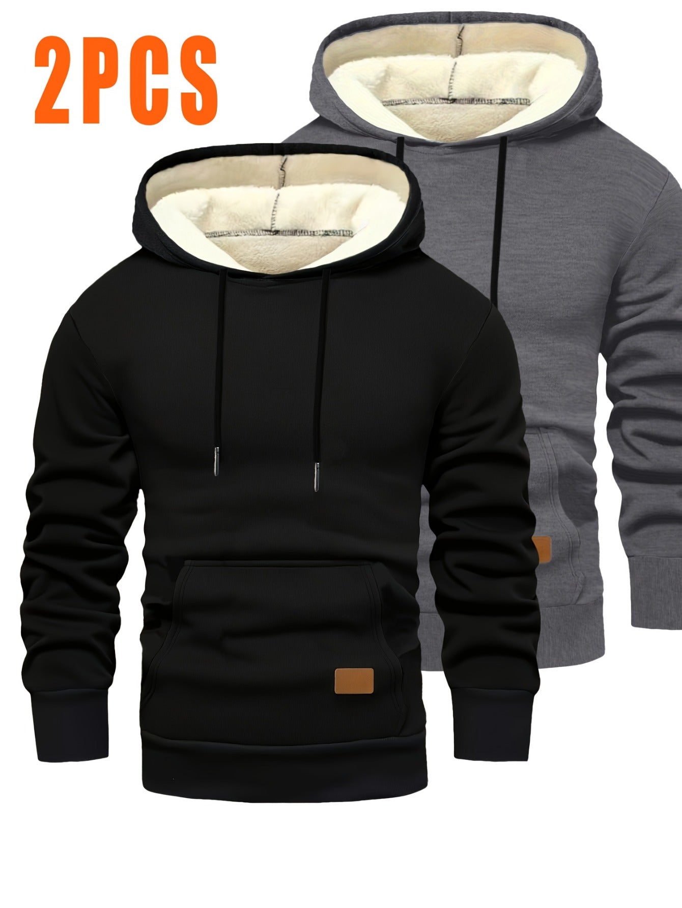 2pcs Men'S Hooded Sweaters - Pullover Hoodies with Kangaroo Pocket, Machine Washable Loose Fit Casual & Formal Wear, Black & Grey/White Solid Color Layering Essentials for Autumn/Winter, Warm Full-Zip Hooded Sweater for Daily