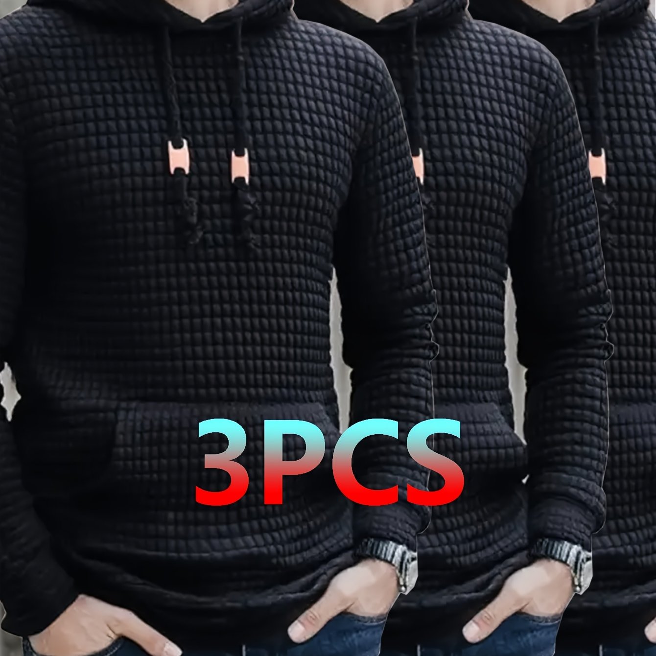 3pcs Set, Men's Waffle Hoodie Long Sleeved, Kangaroo Pocket Casual Sports Top, Suitable For Spring And Autumn