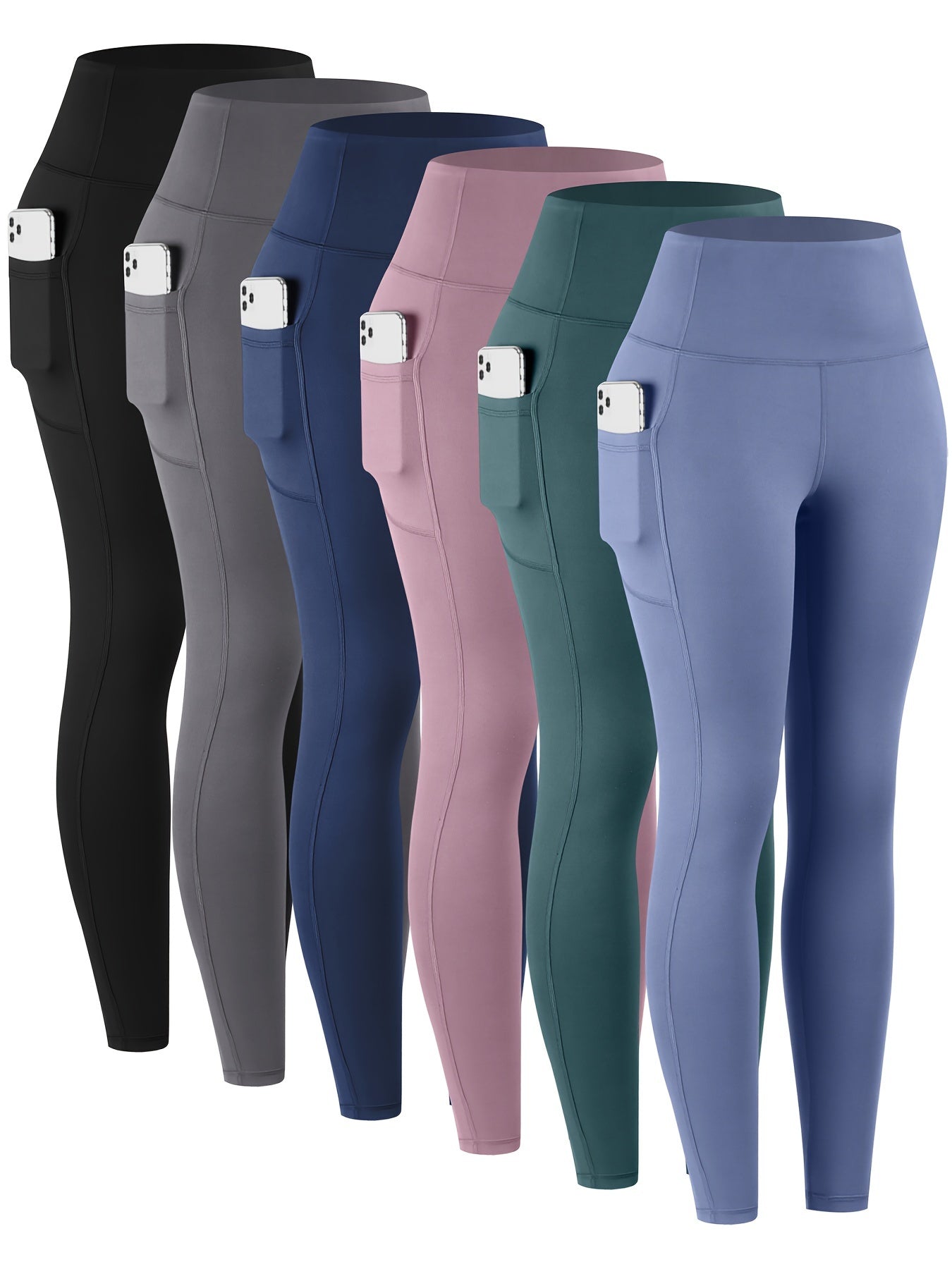 6pcs Women's High-Waisted Leggings - Non-See-Through Pants with Side Pockets, Stretchy All-Season & Casual Pants, Machine Washable Everyday Pants for Women, Leggings for Women, Leggings with Pockets, Womens Leggings, Women Le