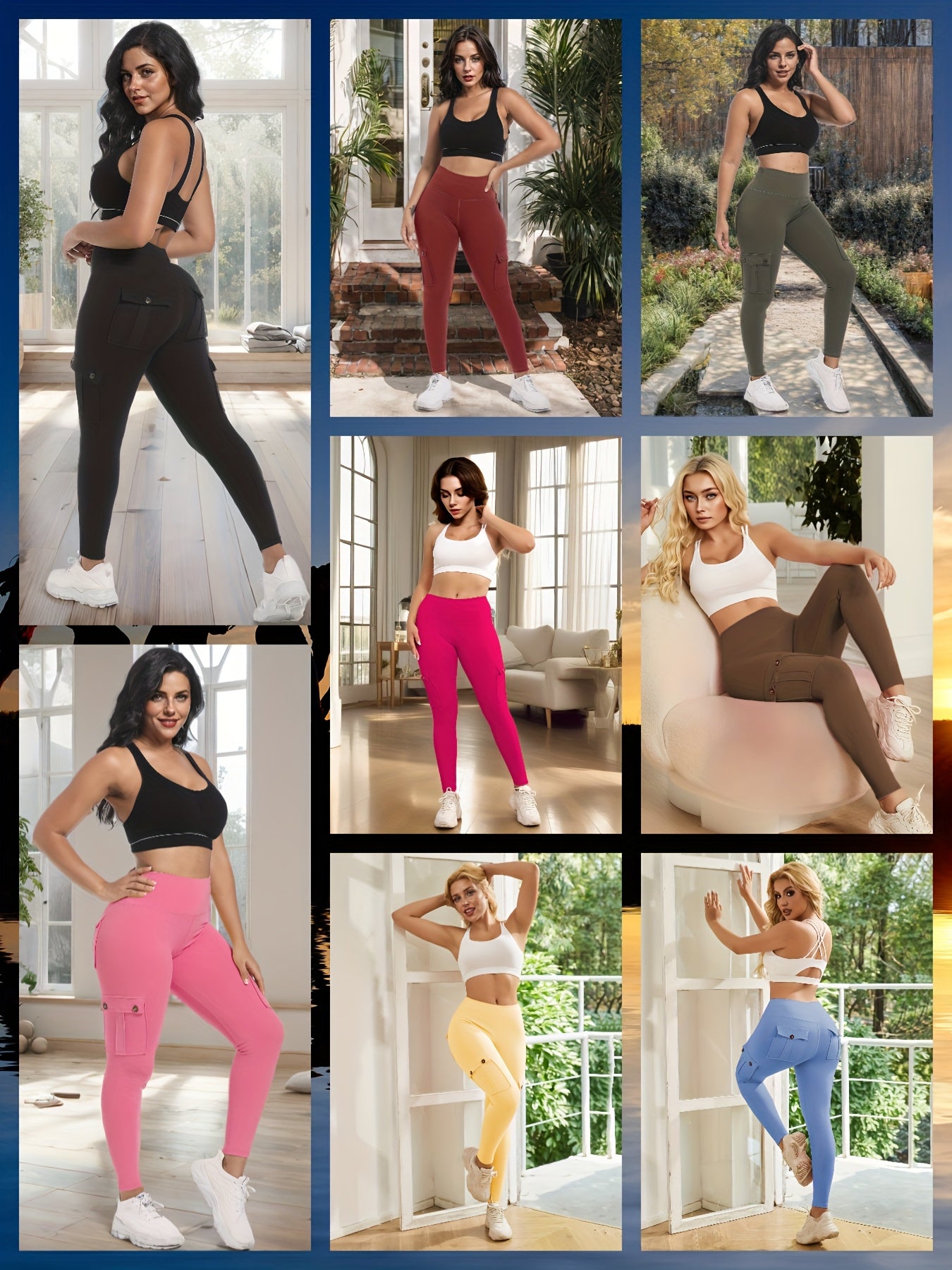 8-pack High Waist Yoga Leggings, 8pcs Leggings Set, 4 Way Stretch, Butt Lifting Tummy Control, 4 Button Pockets Workout Running Sports Pants