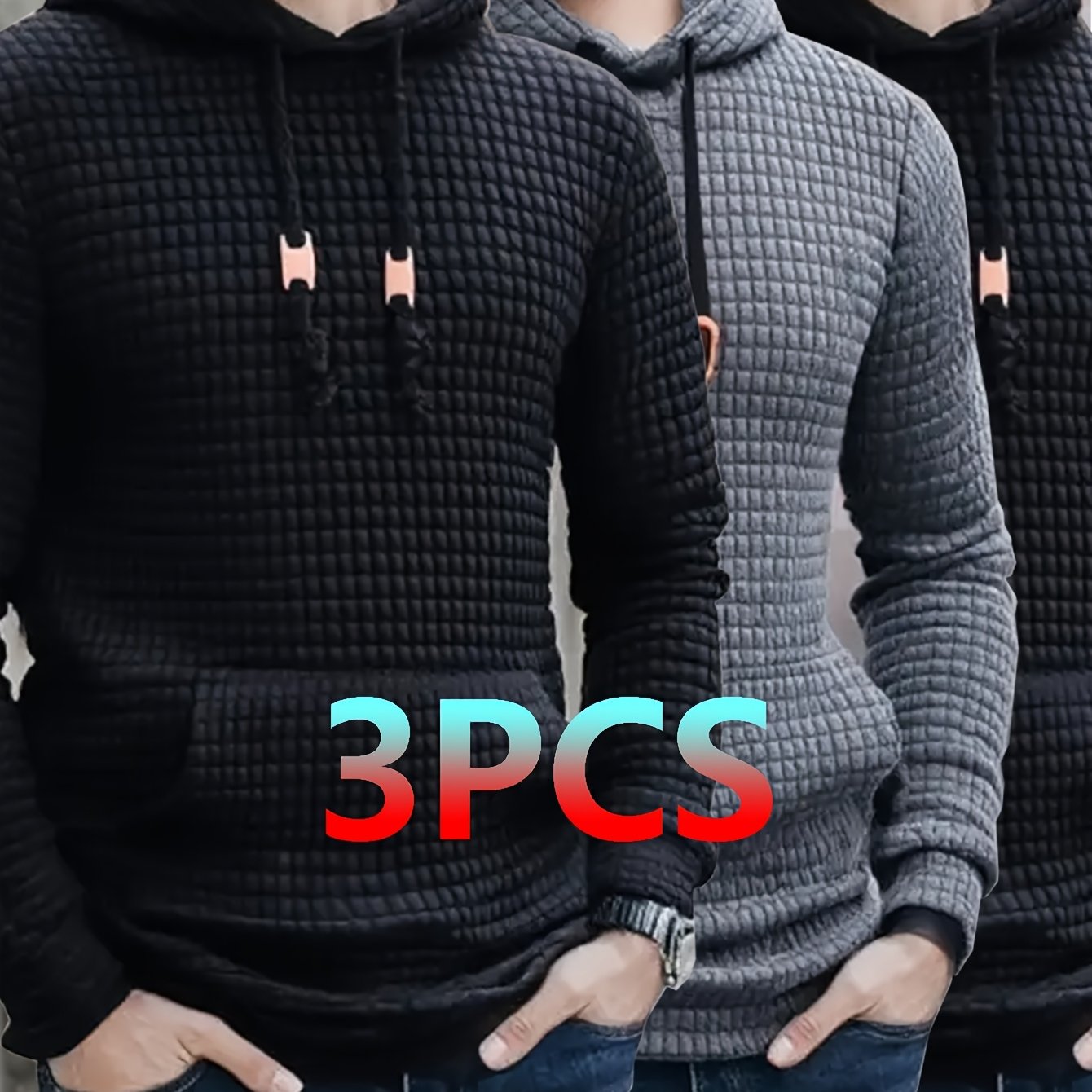 3pcs Set, Men's Waffle Hoodie Long Sleeved, Kangaroo Pocket Casual Sports Top, Suitable For Spring And Autumn
