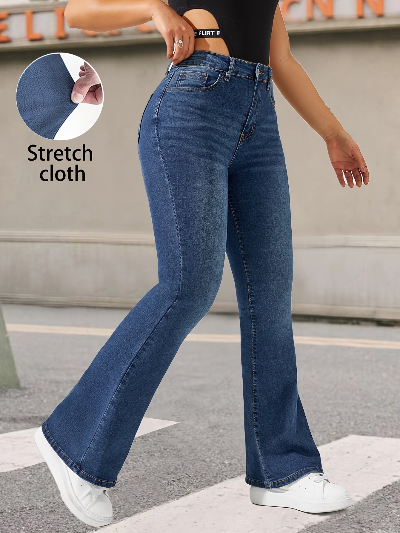 Fashionable And Versatile Blue High-Waisted Stretchy Flared Pants for Women with Cat Whiskers Design.