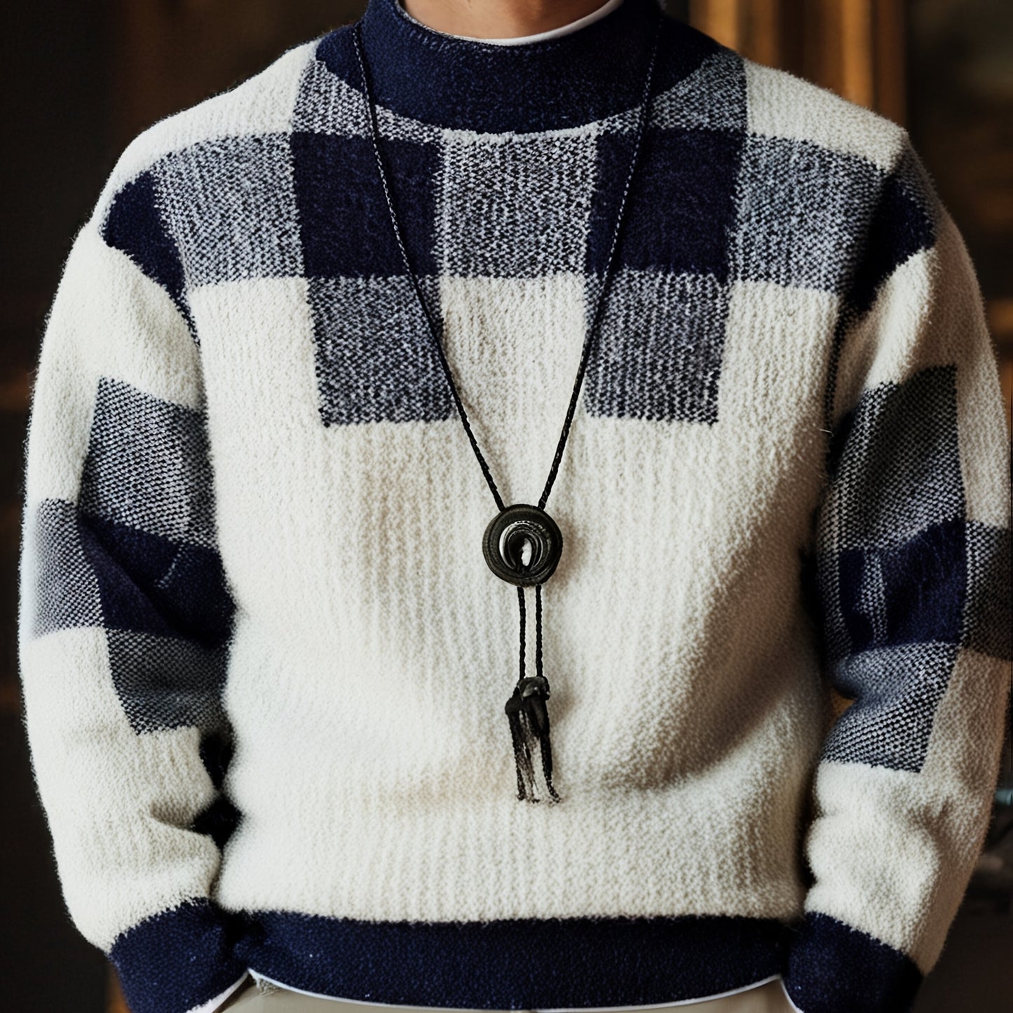 Men's Slim Fit Winter Warm Plaid Sweater - Thick Knit Round Neck Long Sleeve, Black White Gray Brown Beige Checkered Pattern, Casual to Formal Outfits, Durable Cozy Sweater for Men, Trendy Layering Piece with Color-Blocked De