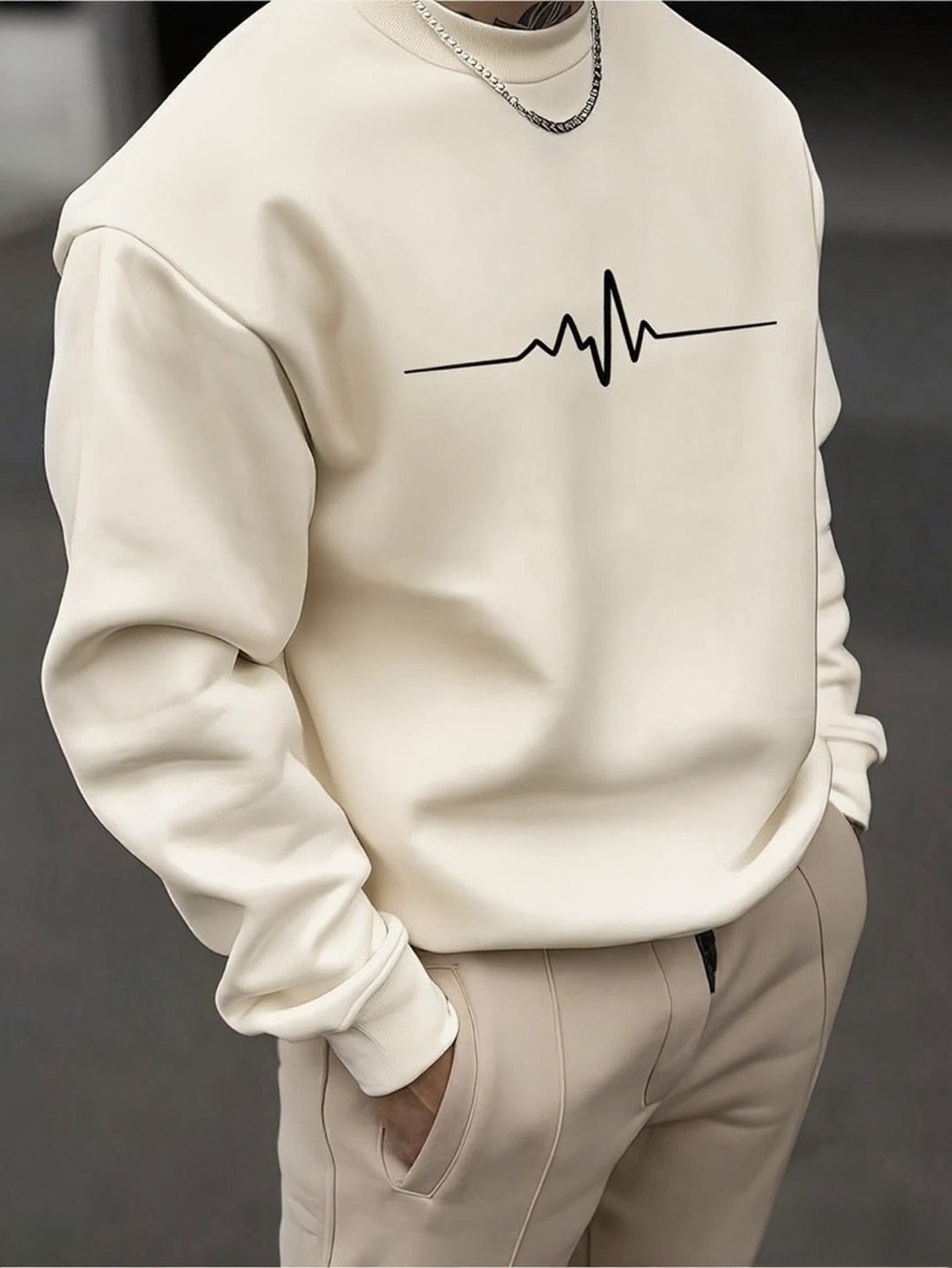 Men's Crewneck Sweatshirt - Dark Charcoal Gray with Heartbeat Graphic, Stretchy Long Sleeve Pullover for Everyday & Formal Wear, Machine Washable Winter Sweater for Cool Weather Layering, Cute Sweatshirts