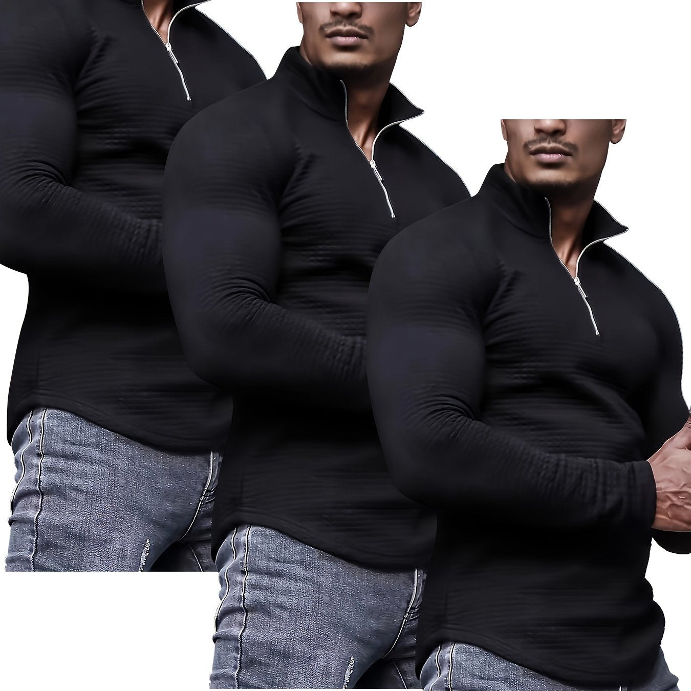 3pcs Men's Waffle Knit Zip-Up Collar Sweatshirts - Solid Color, Stretch Fabric, Machine Washable for Spring, Fall, and Winter