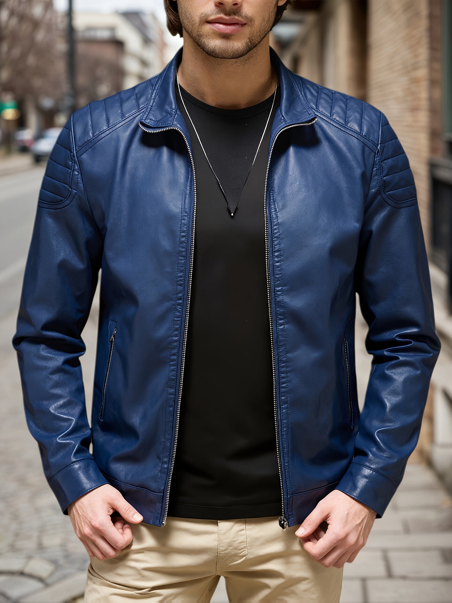 Men's Retro Street Style Bomber Jacket with Stand Collar & Zipper Closure - Solid Black/Blue/ Brown/Beige/Gray/White - Full-Zip Casual Coat with Functional Pockets, Shell & Lining for Spring/Fall, Motorcycle & Casual Attire -