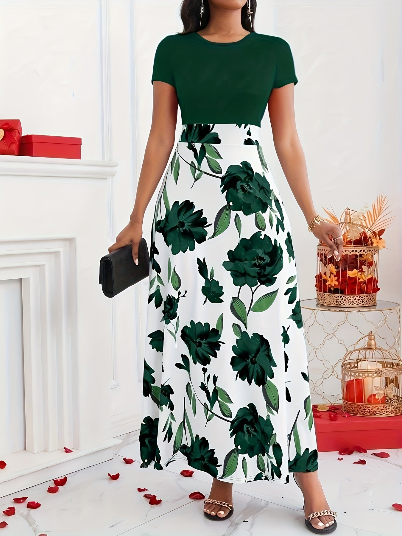 Elegant Women's Floral Print Maxi Dress - Short Sleeve Round Neck High-Waisted Black & Green Floral Pattern, Machine Washable Spring/Summer Formal Event Attire, Sophisticated Design, Floral Print Dress, Spring Summer Outfit,