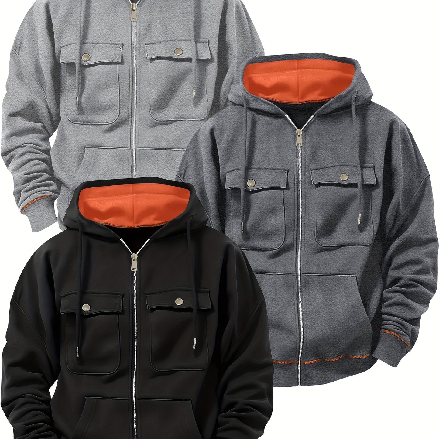 (Three-piece Set) Men's Fashion Classic Casual Trend Fitness Multi-pocket Hooded Drawstring Solid Color Zipper Cardigan Sweatshirt Three-piece Set