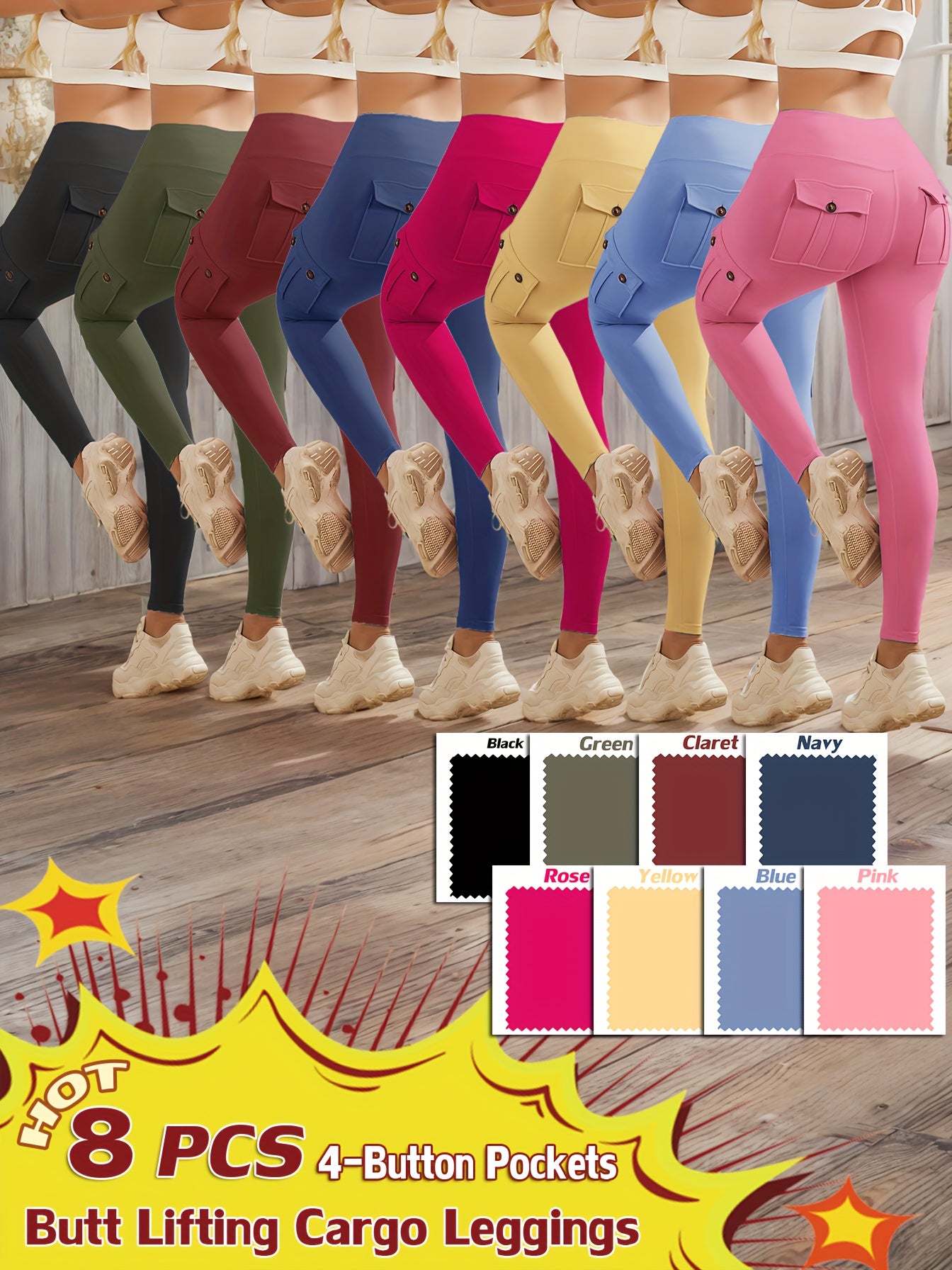 8-pack High Waist Yoga Leggings, 8pcs Leggings Set, 4 Way Stretch, Butt Lifting Tummy Control, 4 Button Pockets Workout Running Sports Pants