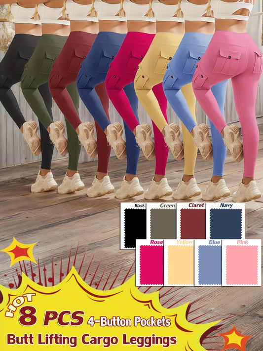 8-pack High Waist Yoga Leggings, 8pcs Leggings Set, 4 Way Stretch, Butt Lifting Tummy Control, 4 Button Pockets Workout Running Sports Pants