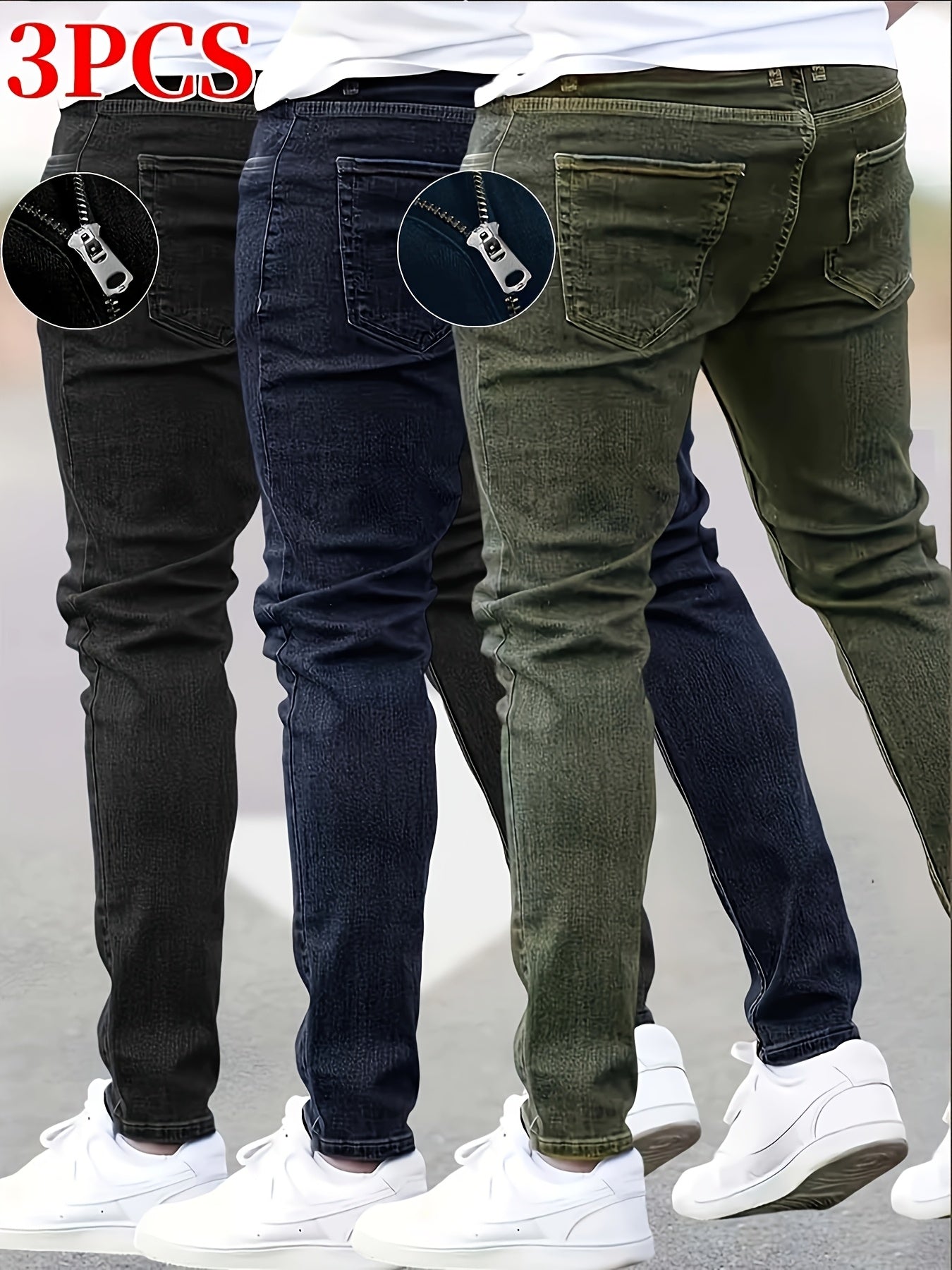 3 Packs - Cost-effective Men's Jeans - Street Style Trendy Slim Fit Men's Jeans - Wearable In All Seasons, Casual Wear Bottoms, Daily Outfit Essential, Regular Length Jeans, Solid Color Jeans, Street Style Enthusiasts, Budget