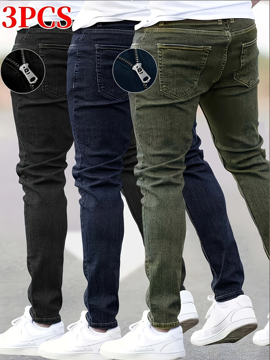 3 Packs - Cost-effective Men's Jeans - Street Style Trendy Slim Fit Men's Jeans - Wearable In All Seasons, Casual Wear Bottoms, Daily Outfit Essential, Regular Length Jeans, Solid Color Jeans, Street Style Enthusiasts, Budget