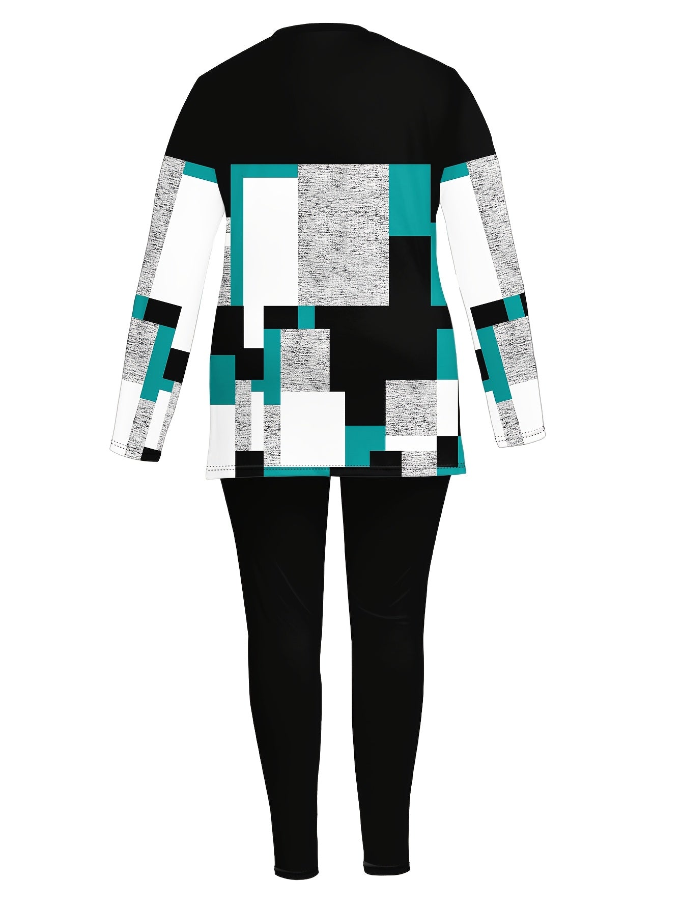 Women'S Casual 2pcs Set, Geometric Print Long Sleeve Crew Neck Top with Side Slit and Stretchy Pants, Polyester 95% Elastane 5%, Knit Fabric, 180gsm, Spring/Fall Comfort Fit Outfit